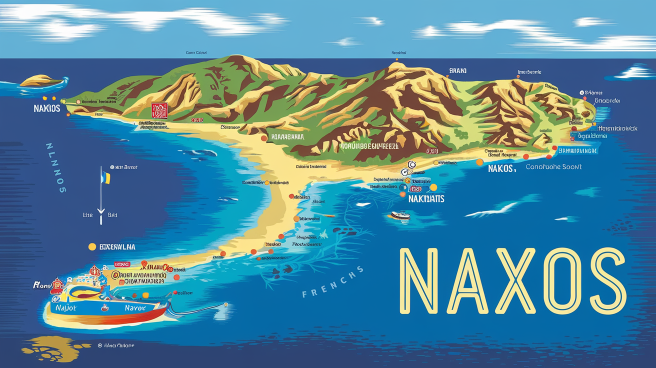Carte détaillée de Naxos révélant Port de Naxos, plages principales et reliefs intérieurs diversifiés.