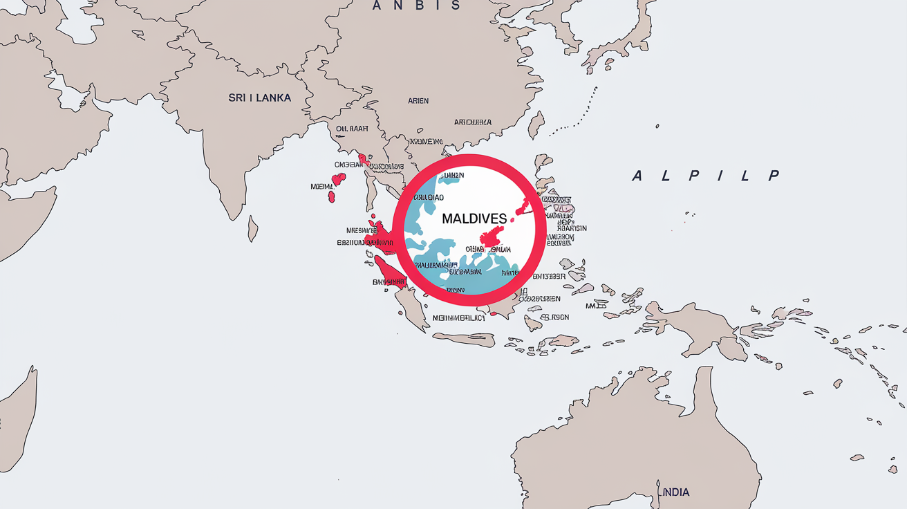 Carte du monde mettant en évidence l'emplacement des Maldives dans l'océan Indien, proches du Sri Lanka et de l'Inde.
