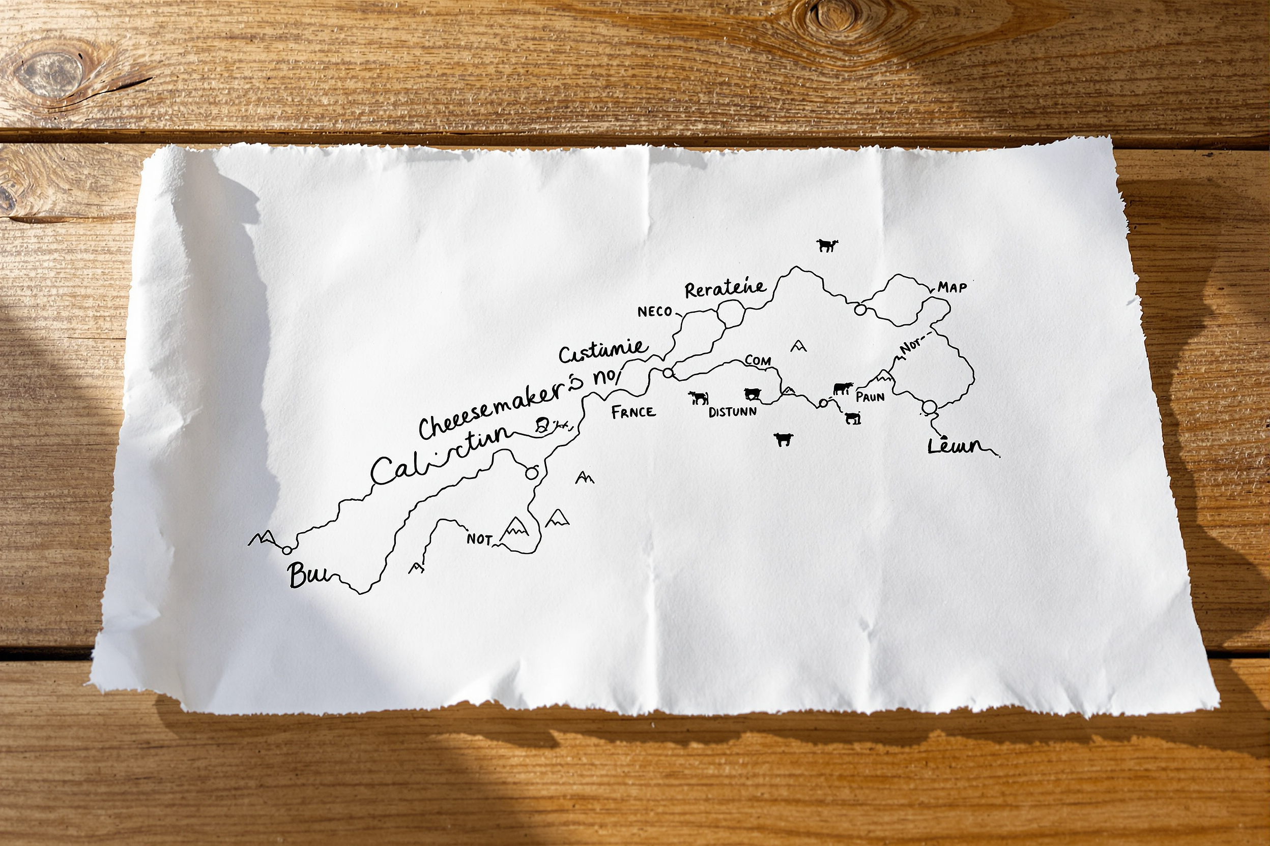 Carte dessinée à la main sur une nappe en papier par un fromager autrichien du Vorarlberg : itinéraire montagne et vaches.