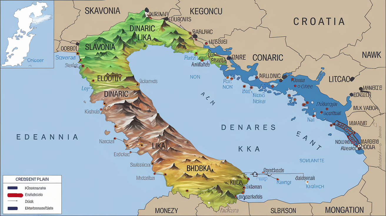 Carte stylisée des régions géographiques majeures de Croatie