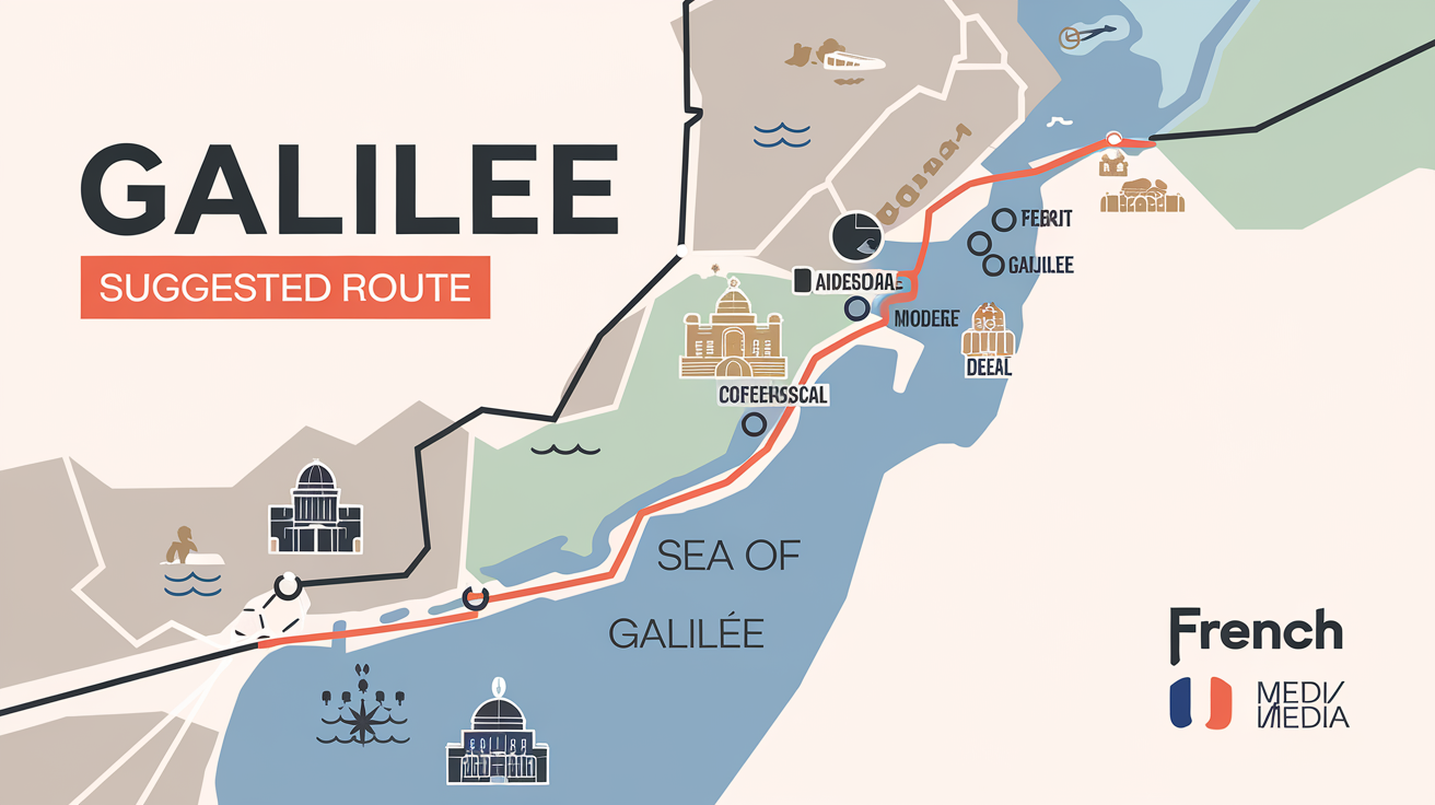 Carte stylisée d’un itinéraire en Galilée avec points d’intérêt