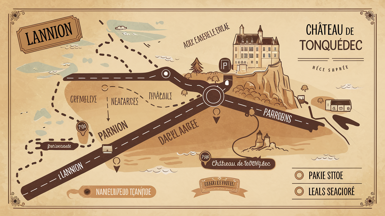 Carte simplifiée du trajet entre Lannion et le Château de Tonquédec.