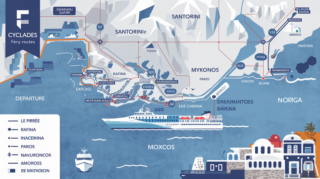 Carte détaillée des principales liaisons maritimes entre Le Pirée/Rafina et les différentes îles majeures et secondaires des Cyclades.