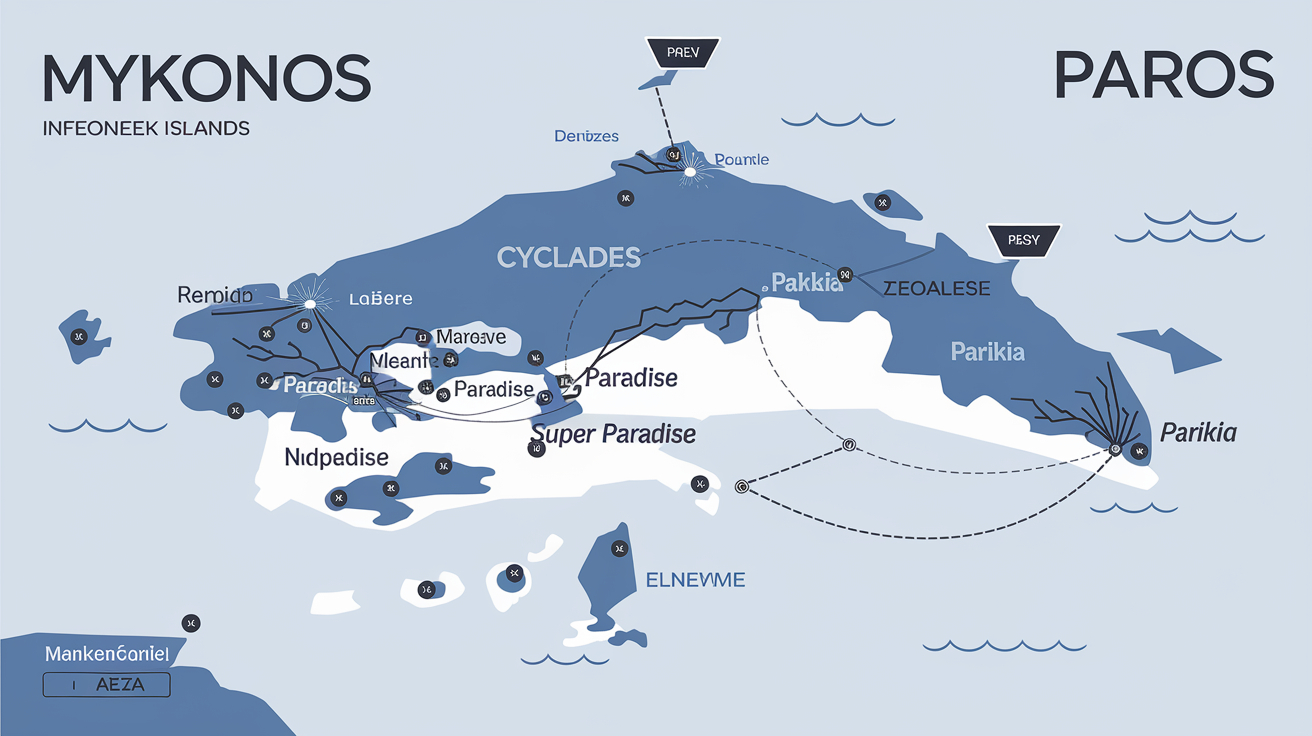 Carte combinée Mykonos-Paros montrant les plages phares (Paradise, Super Paradise), Parikia et leur situation centrale dans les Cyclades.
