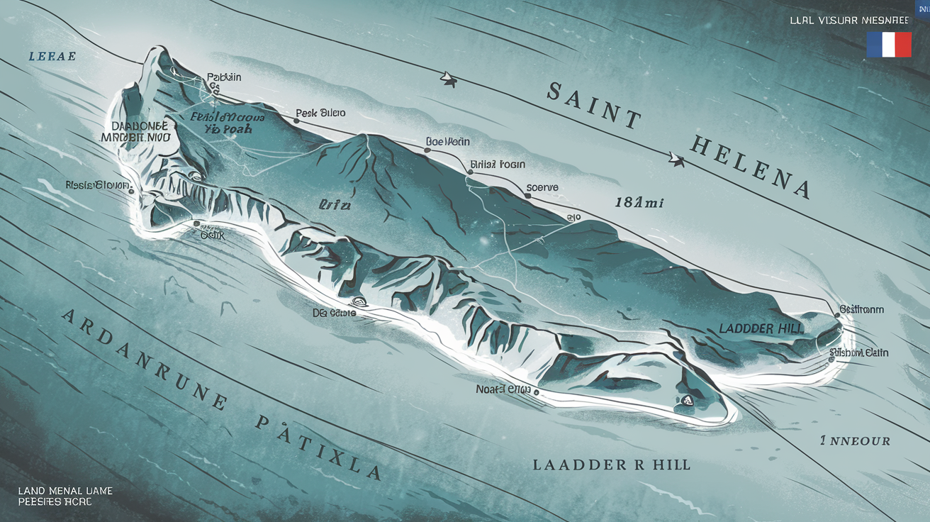 Carte physique stylisée de Sainte-Hélène avec ses reliefs bien visibles.