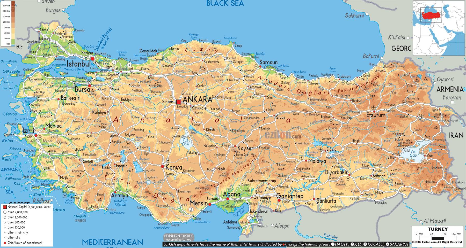 Carte politique de la Turquie et ses 8 voisins, avec la Thrace orientale visible.