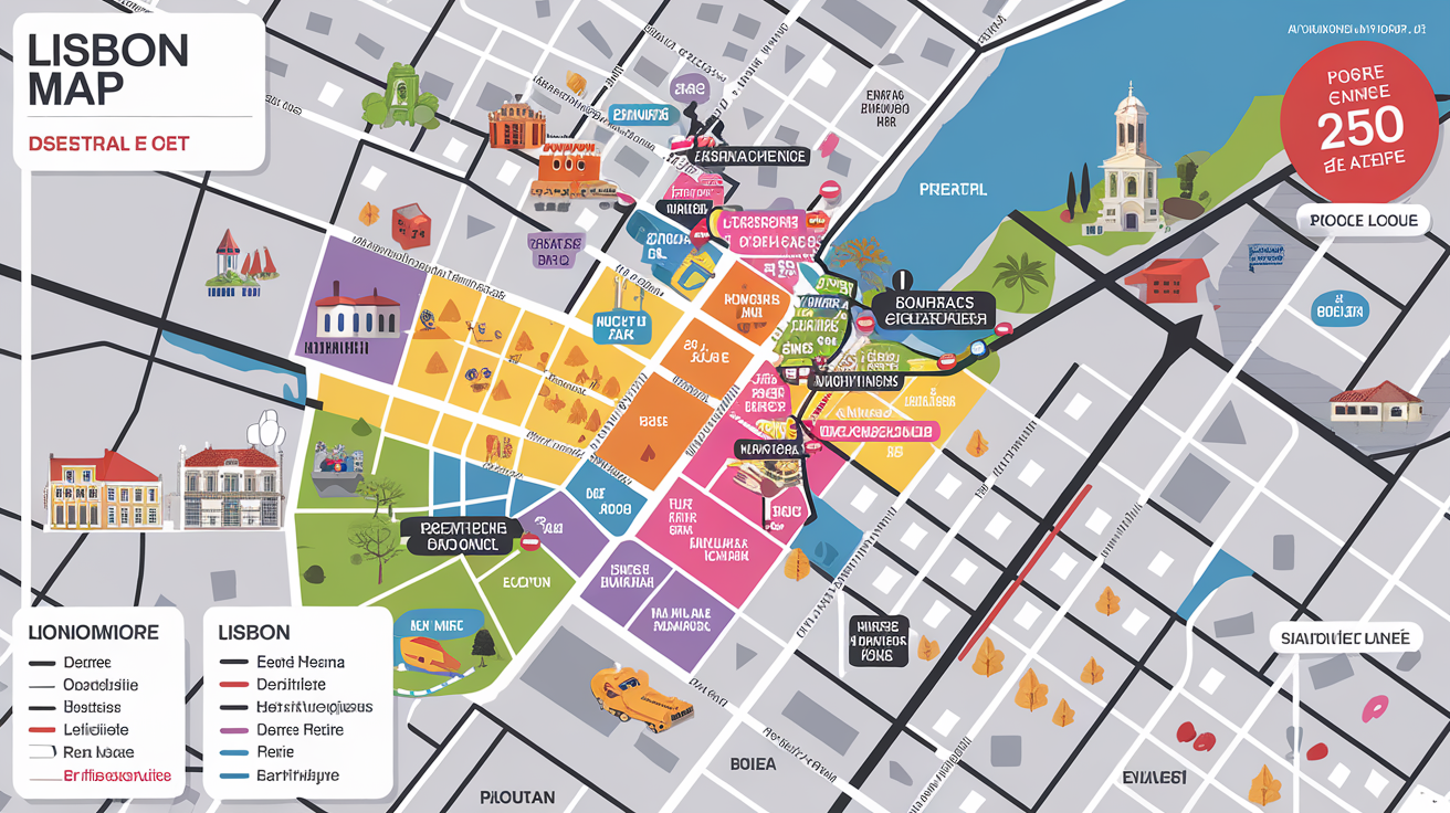 Vue en plongée d’une carte illustrée des quartiers centraux de Lisbonne avec repères colorés facilitant la lecture pour seniors