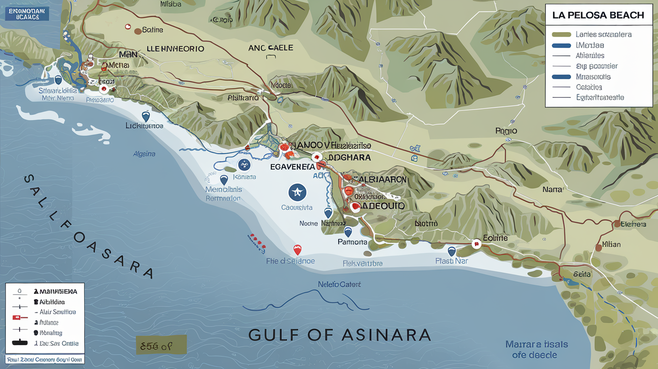 Carte détaillée montrant La Pelosa, Stintino, Alghero et le Golfe de l'Asinara avec routes d'accès et points d'intérêt naturels.