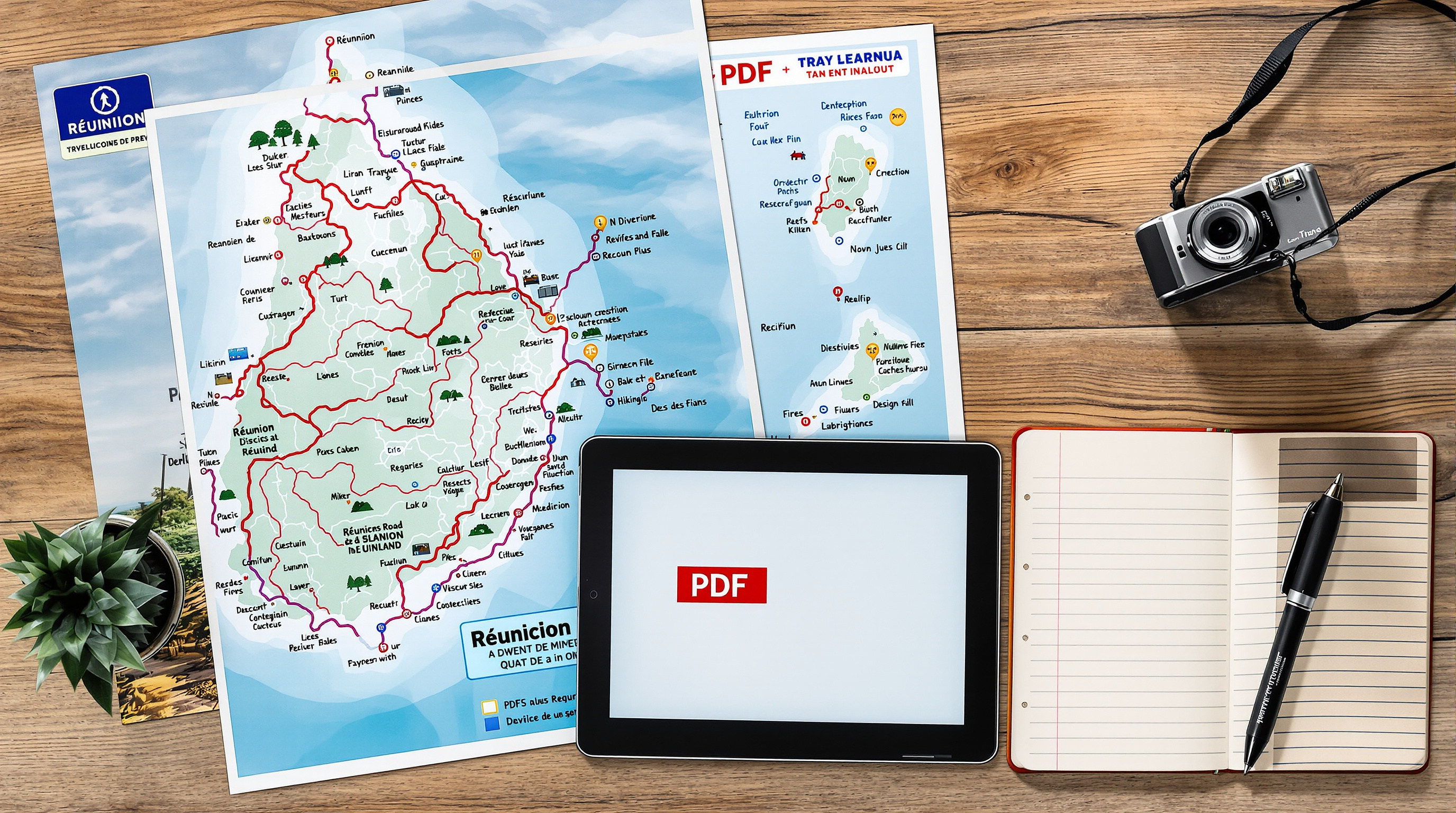 Aperçu d'une carte routière et touristique de La Réunion, PDF sur tablette, carnet et appareil photo sur une table.