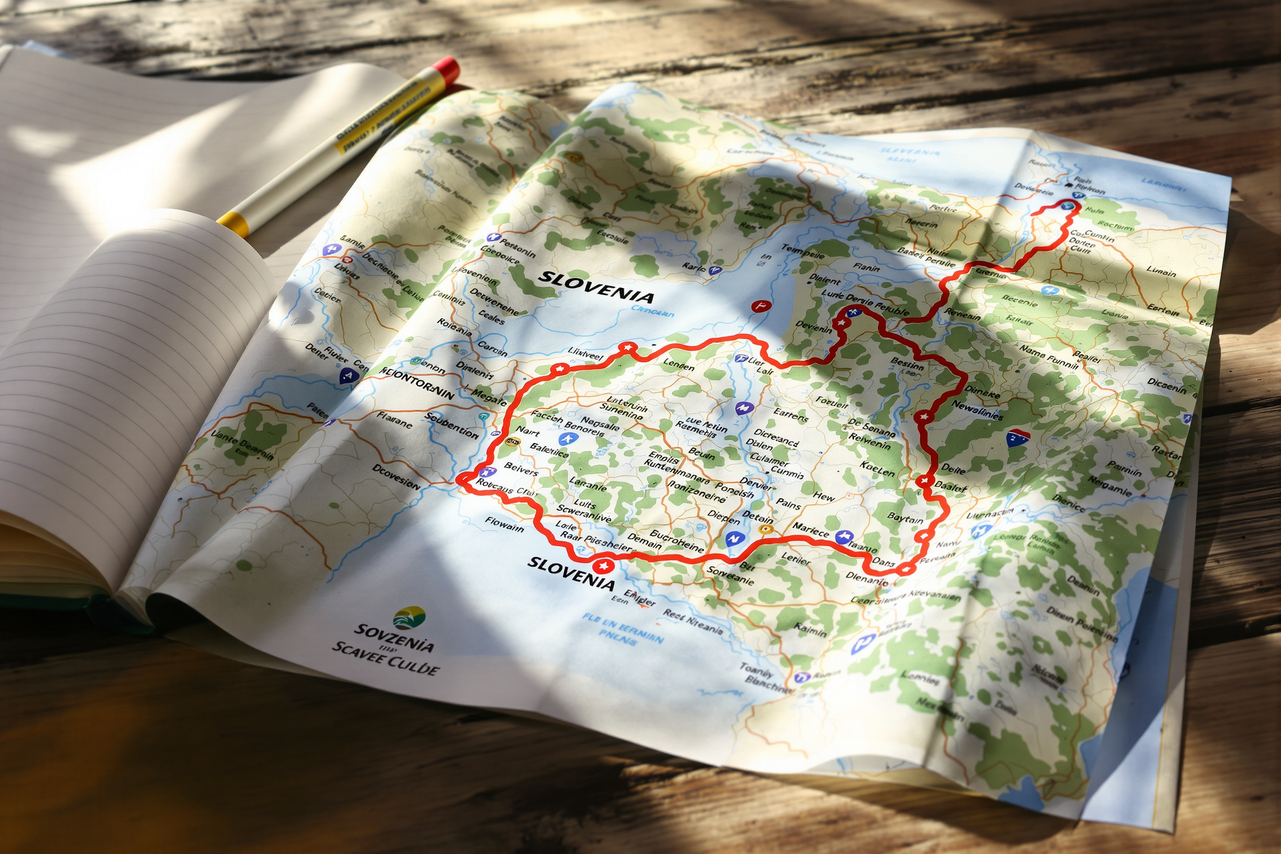 Carte routière dépliée avec itinéraire en boucle tracé au surligneur ; carnet de notes et crayon à côté.