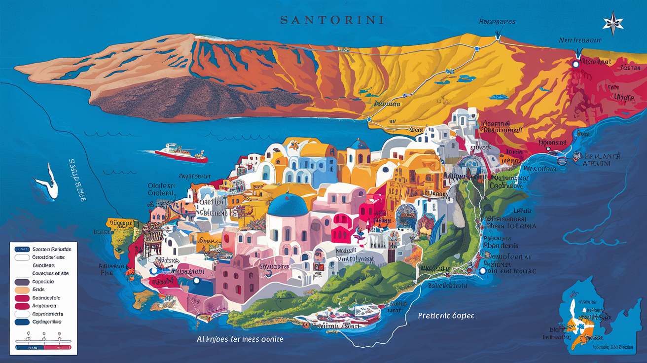 Carte détaillée de Santorin mettant en évidence la caldeira, les villages principaux (Oia, Fira), et le site archéologique d'Akrotiri. La carte révèle comment la topographie volcanique structure l'île.