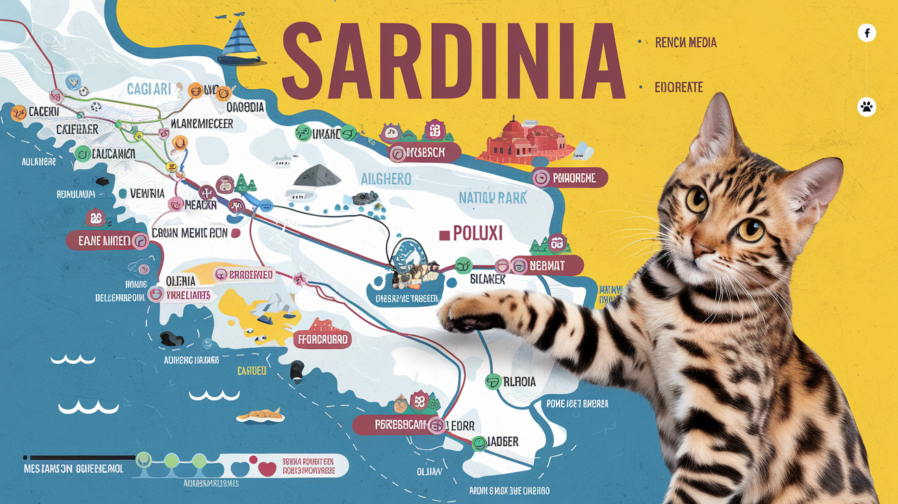 Aperçu carte Sardaigne routes principales, villes et plages, avec Polux le chat Bengal posant sa patte.