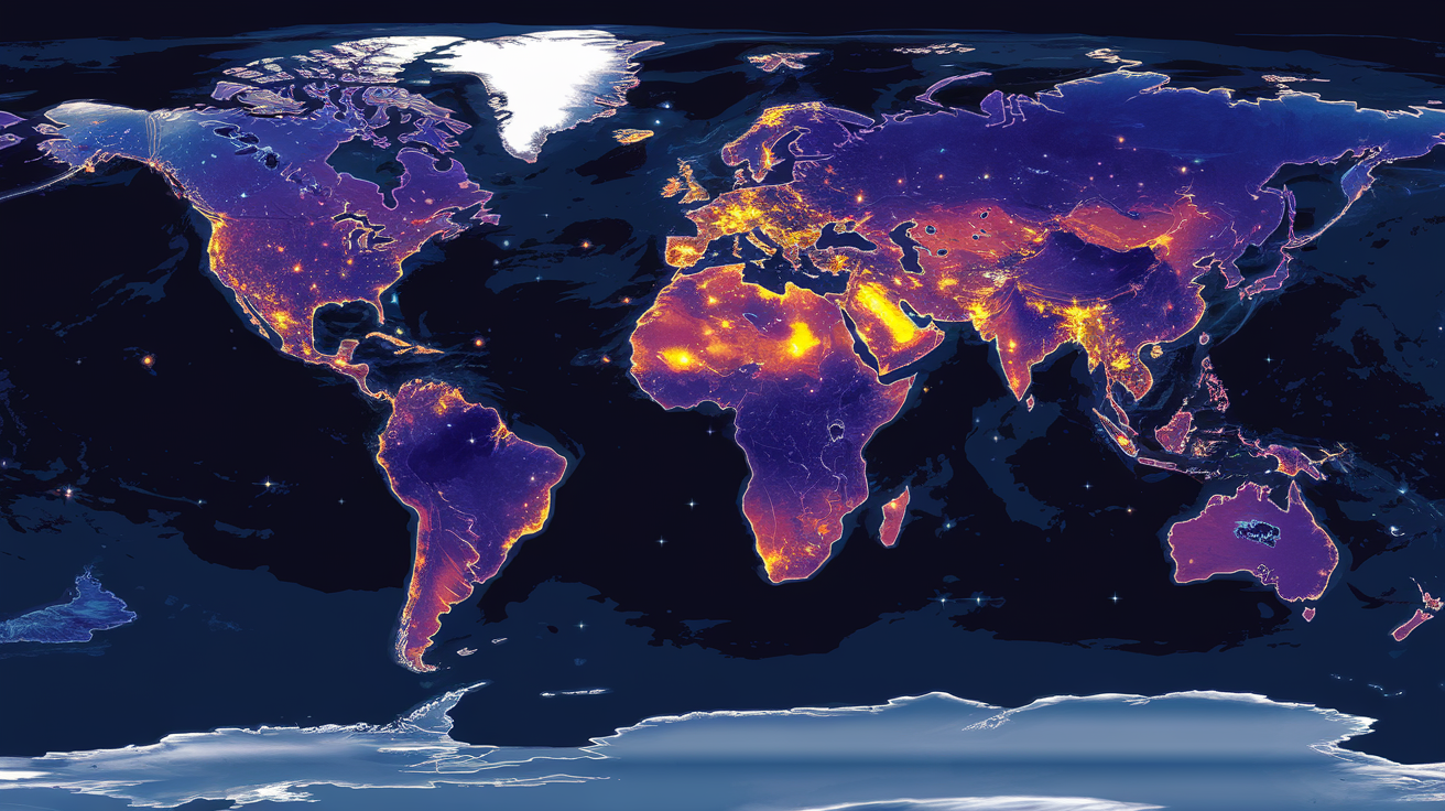Carte satellite illustrant la pollution lumineuse mondiale.