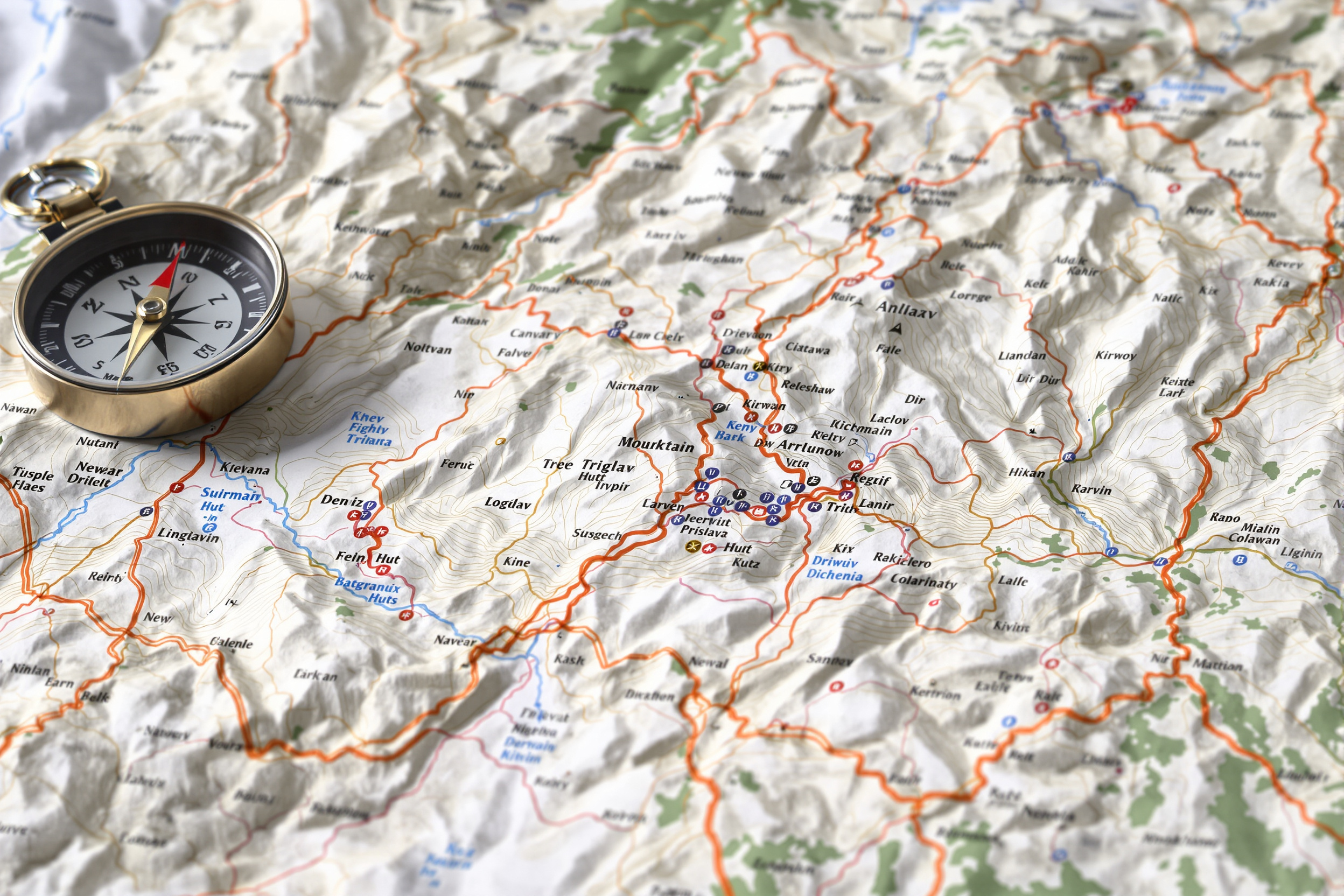 Gros plan sur une carte topographique du Triglav avec courbes de niveau visibles, sentiers balisés et une boussole posée dessus.