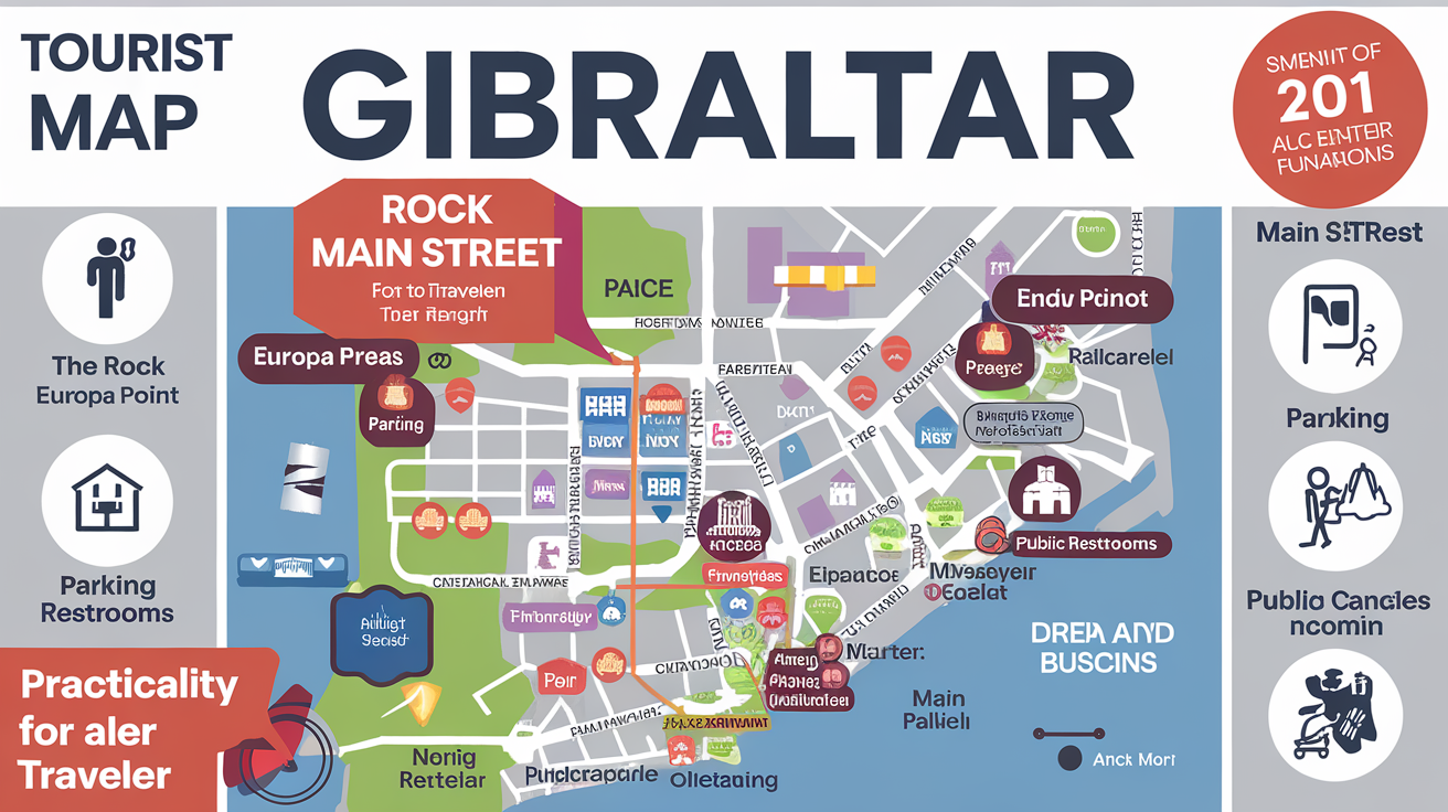Aperçu attrayant de la carte touristique PDF de Gibraltar, points d'intérêt visibles comme le Rocher et Europa Point.