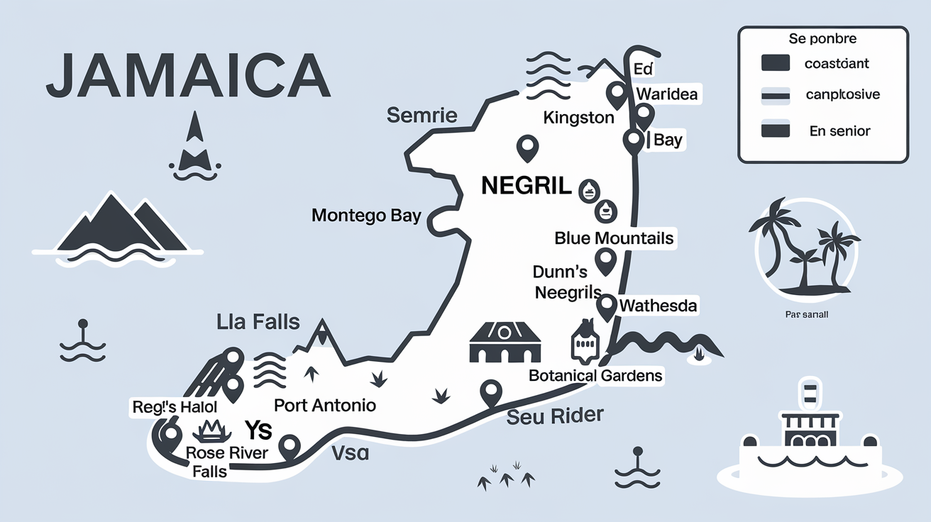 Carte touristique simplifiée de la Jamaïque mettant en évidence Kingston, Montego Bay, Negril, Port Antonio, Blue Mountains, cascades majeures ainsi que Rose Hall et Bathesda.