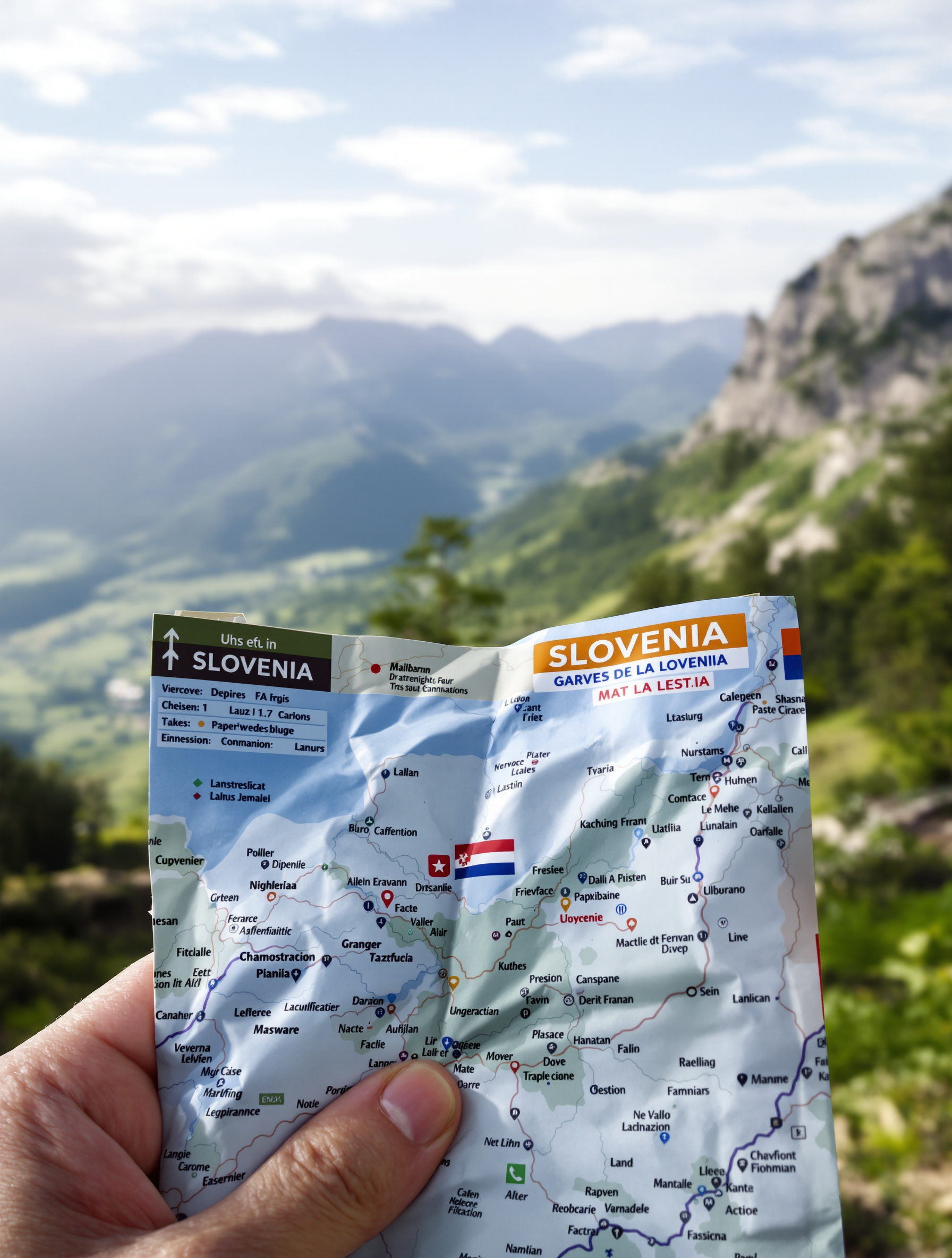 Carte touristique pliée et usée tenue par un voyageur. Arrière-plan montagne slovène flou.