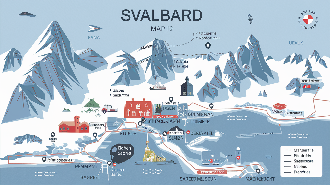 Exemple de carte touristique du Svalbard mettant en avant des points d'intérêt.