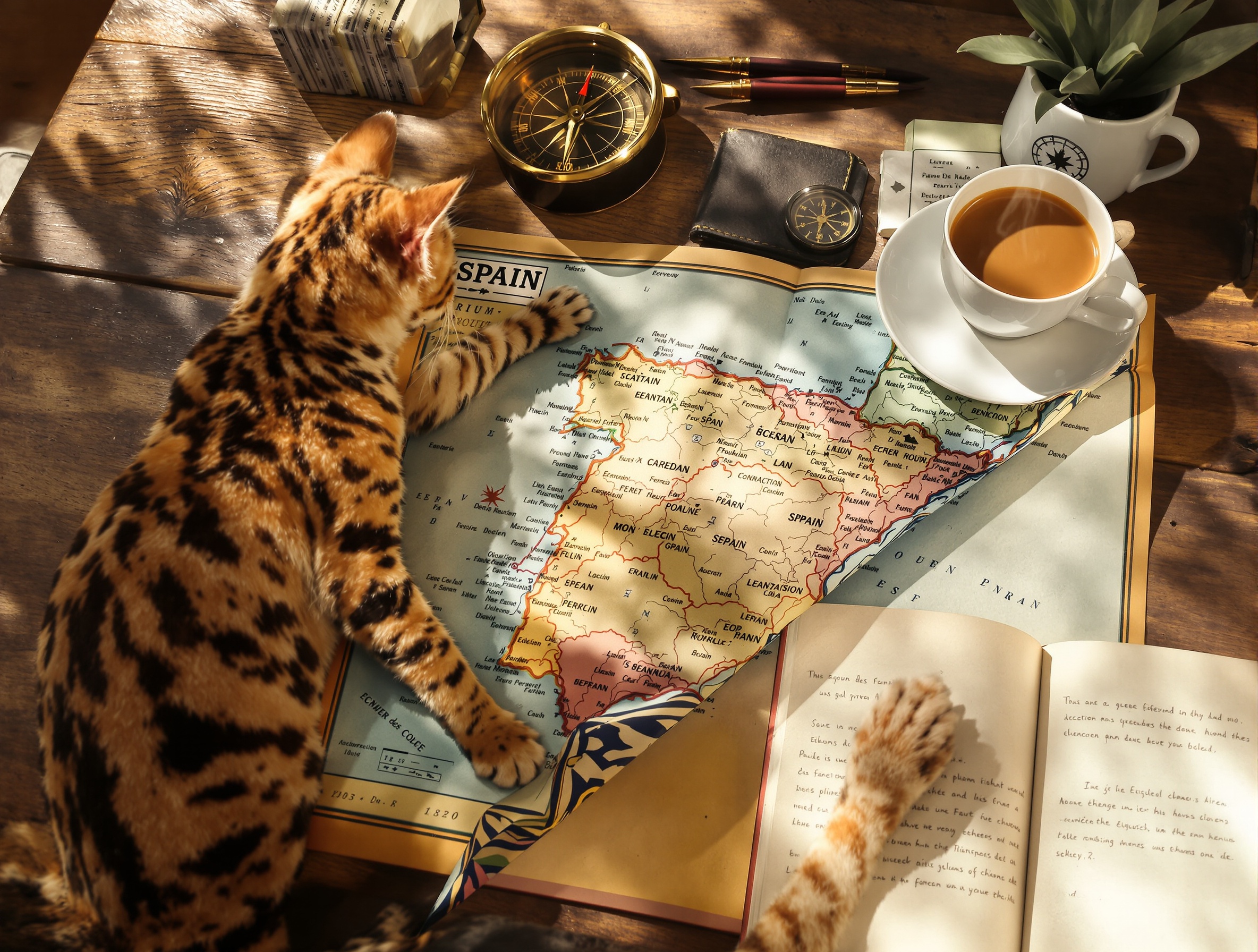 Carte vintage Espagne sur table bois avec boussole carnet tasse café et chat Bengal