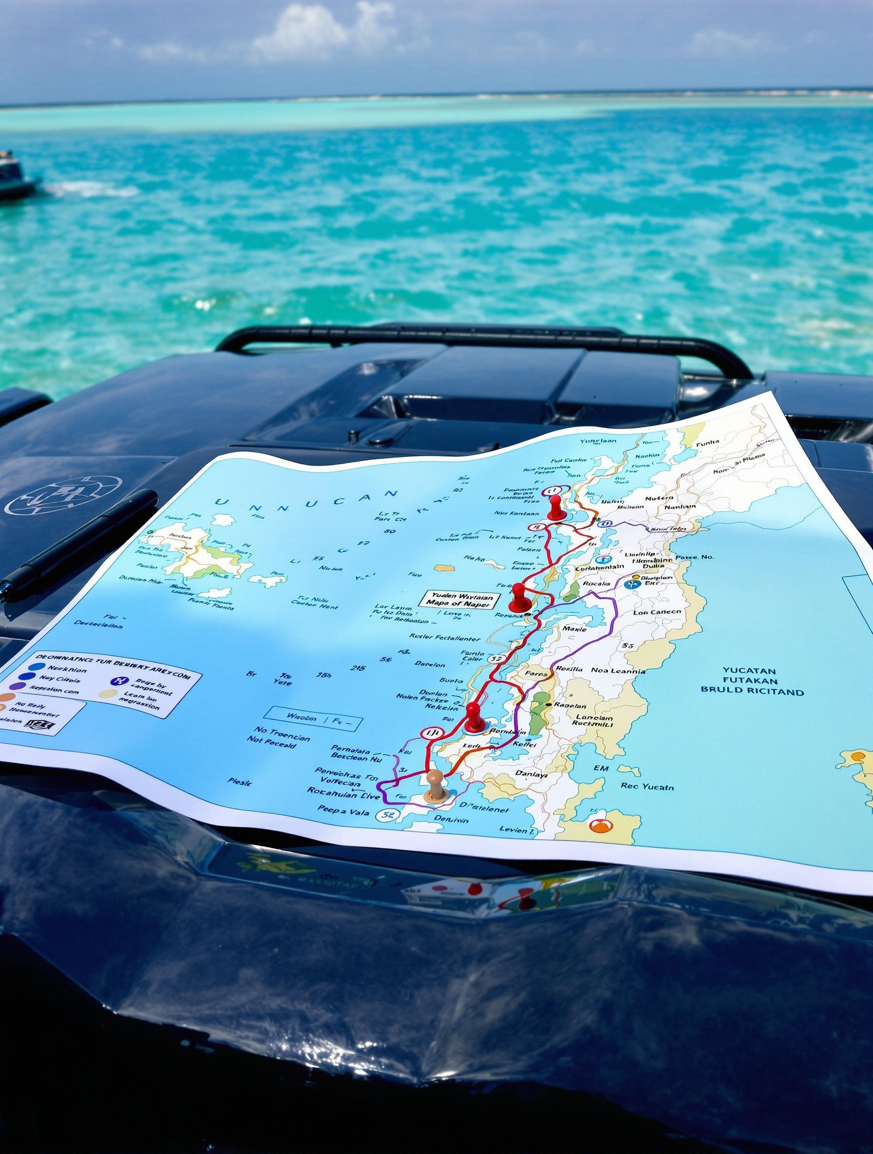 Carte du Yucatán plastifiée, waypoints tracés au marqueur indélébile