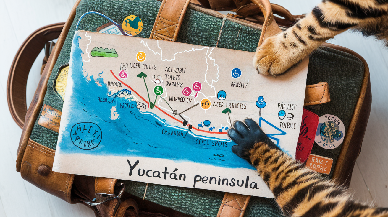 Carte annotée avec symboles accessibilité pour seniors au Yucatán