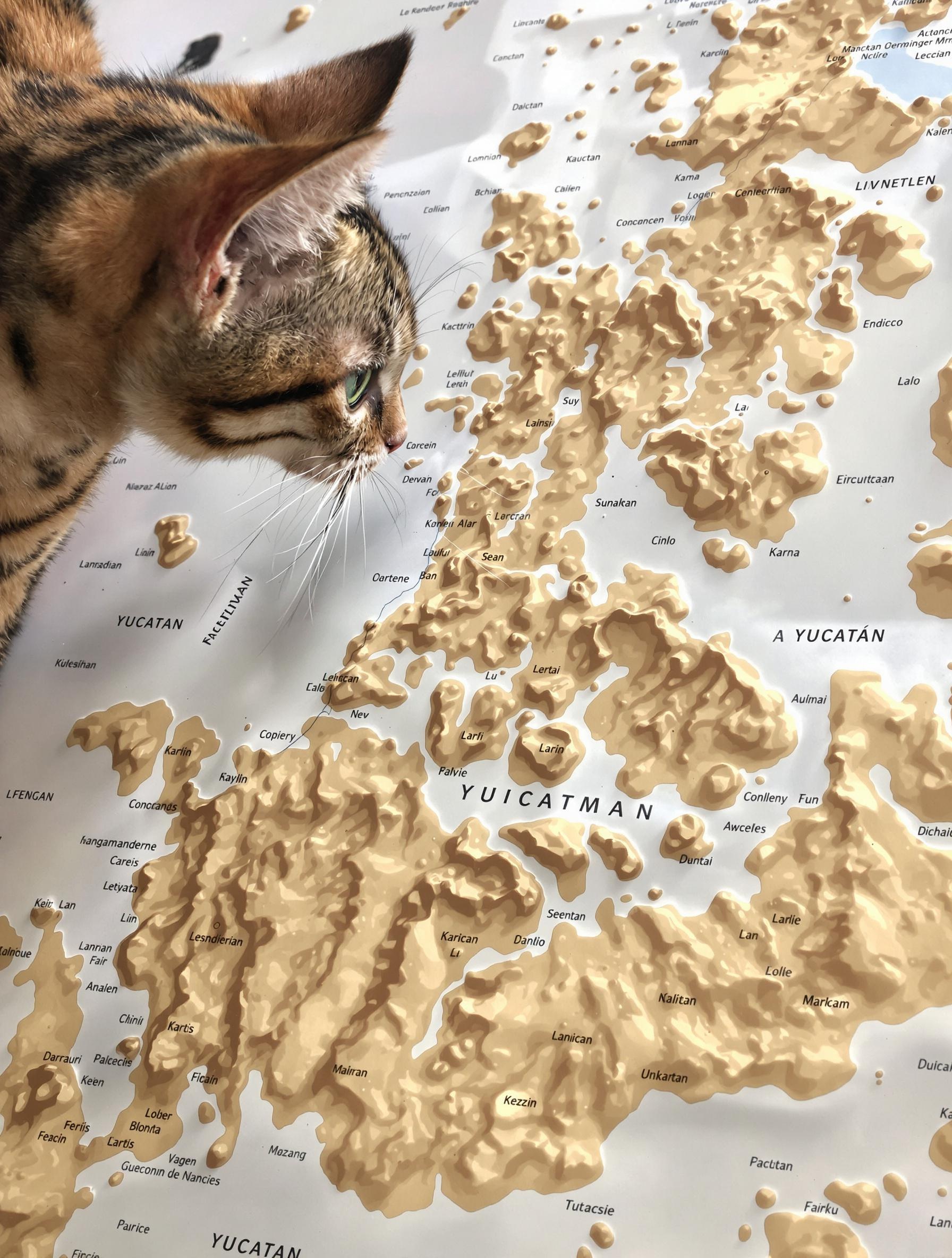Carte du Yucatán plastifiée, taches d’eau visibles et chat Bengal observant les reliefs karstiques.