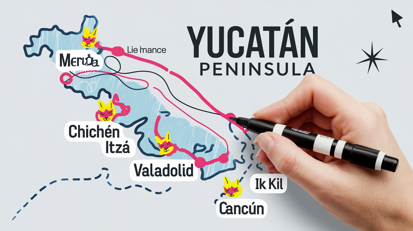 Carte annotée Yucatán itinéraires stabilo Mérida Chichén Itzá Valladolid Ik Kil Cancún