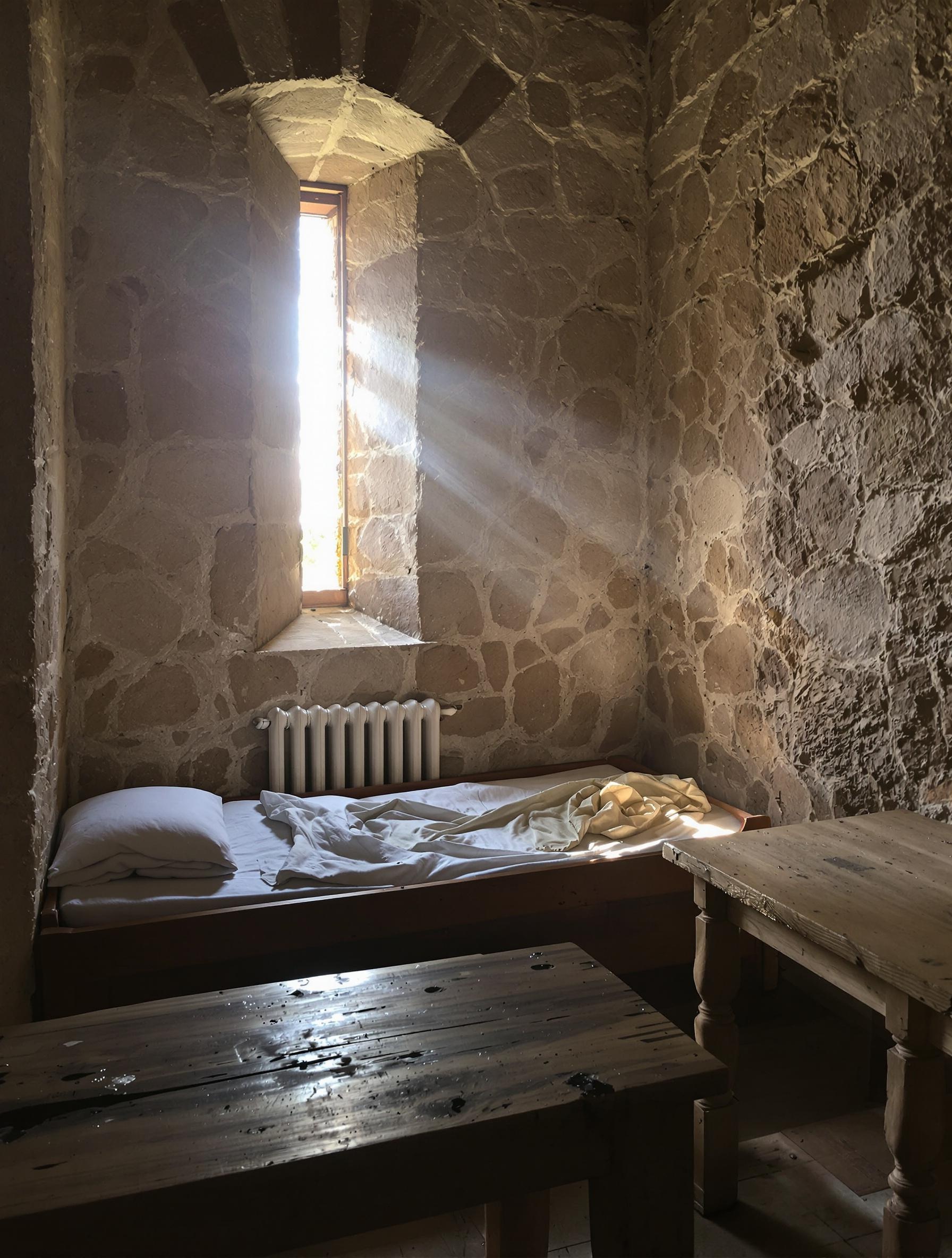 Vue intérieure d'une cellule de moine cistercien dans une abbaye