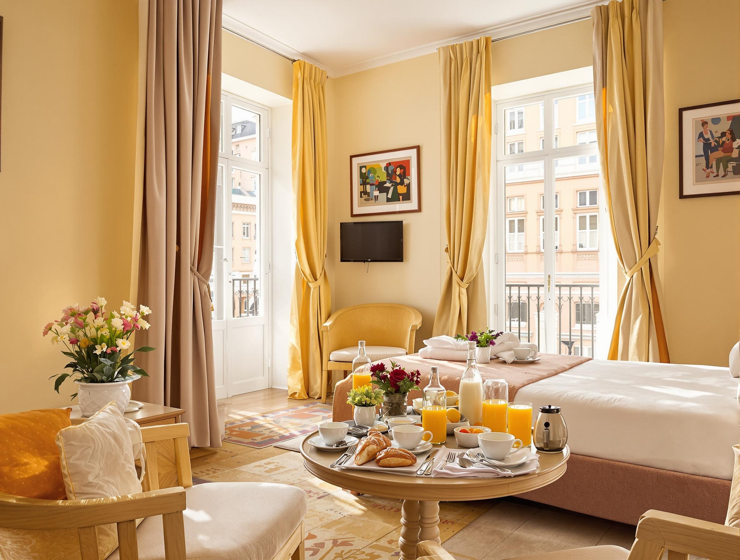 chambre d'hôtel lumineuse adaptée aux seniors dans le centre historique de Turin, petit-déjeuner copieux servi, ambiance chaleureuse italienne
