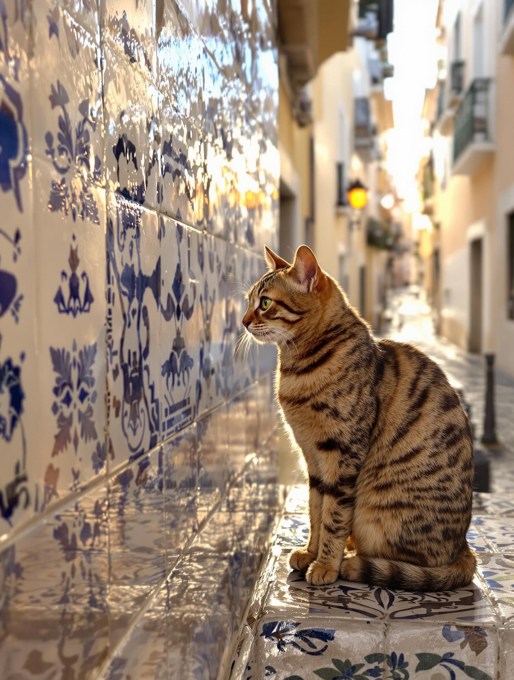 Polux sur un muret d’azulejos devant les pavés luisants de l’Alfama au lever du soleil