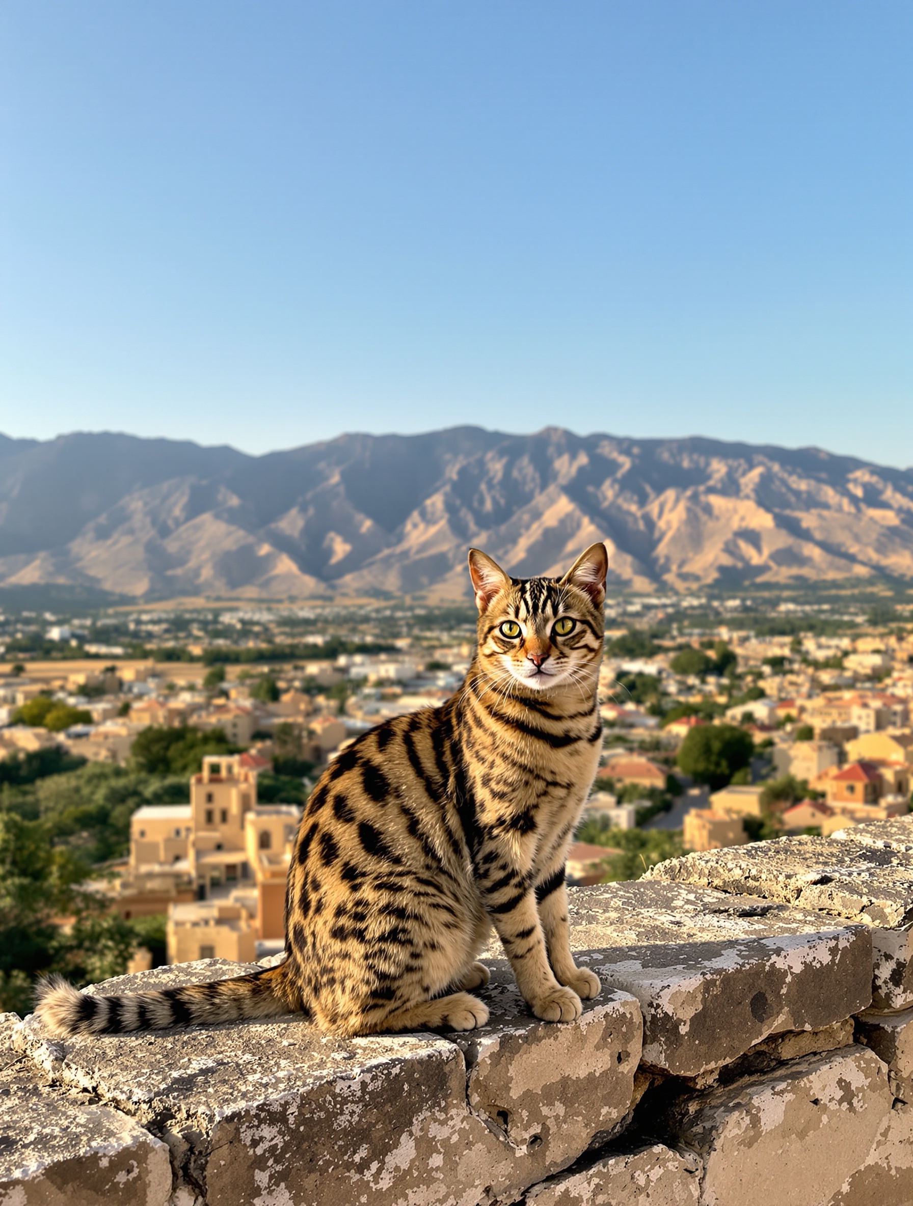 Polux le chat Bengal assis sur un muret en pierre devant paysage typique du Liban