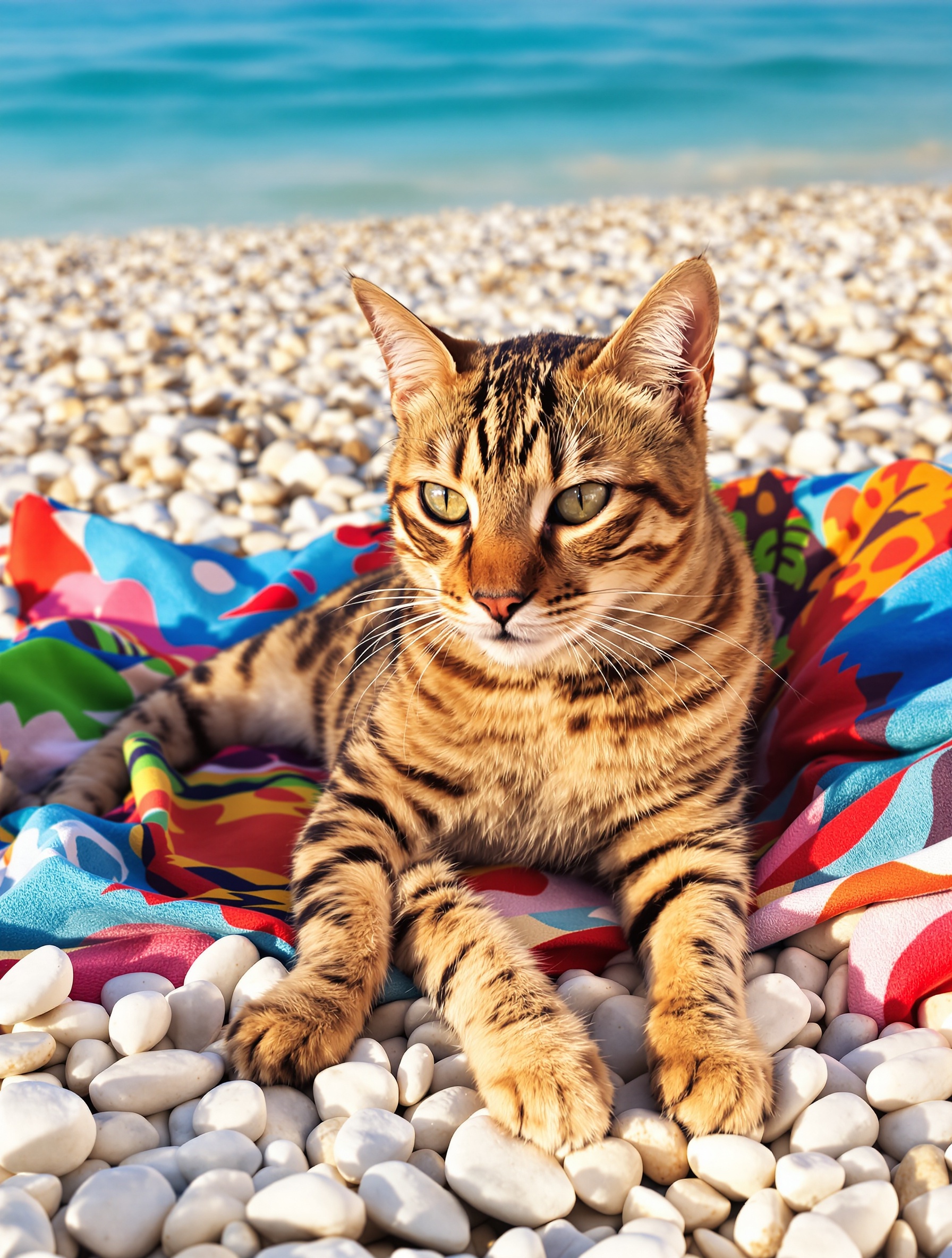 chat Bengal bronzant sur les galets dalmates