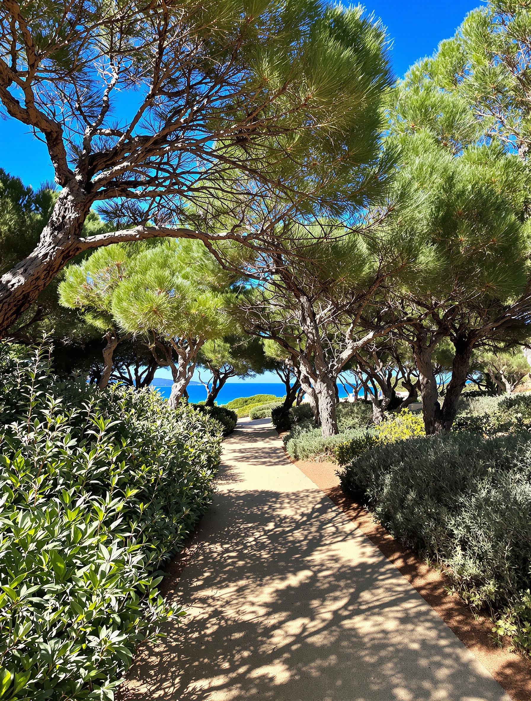 Sentier ombragé menant à la plage de Farinole sous un ciel bleu vif