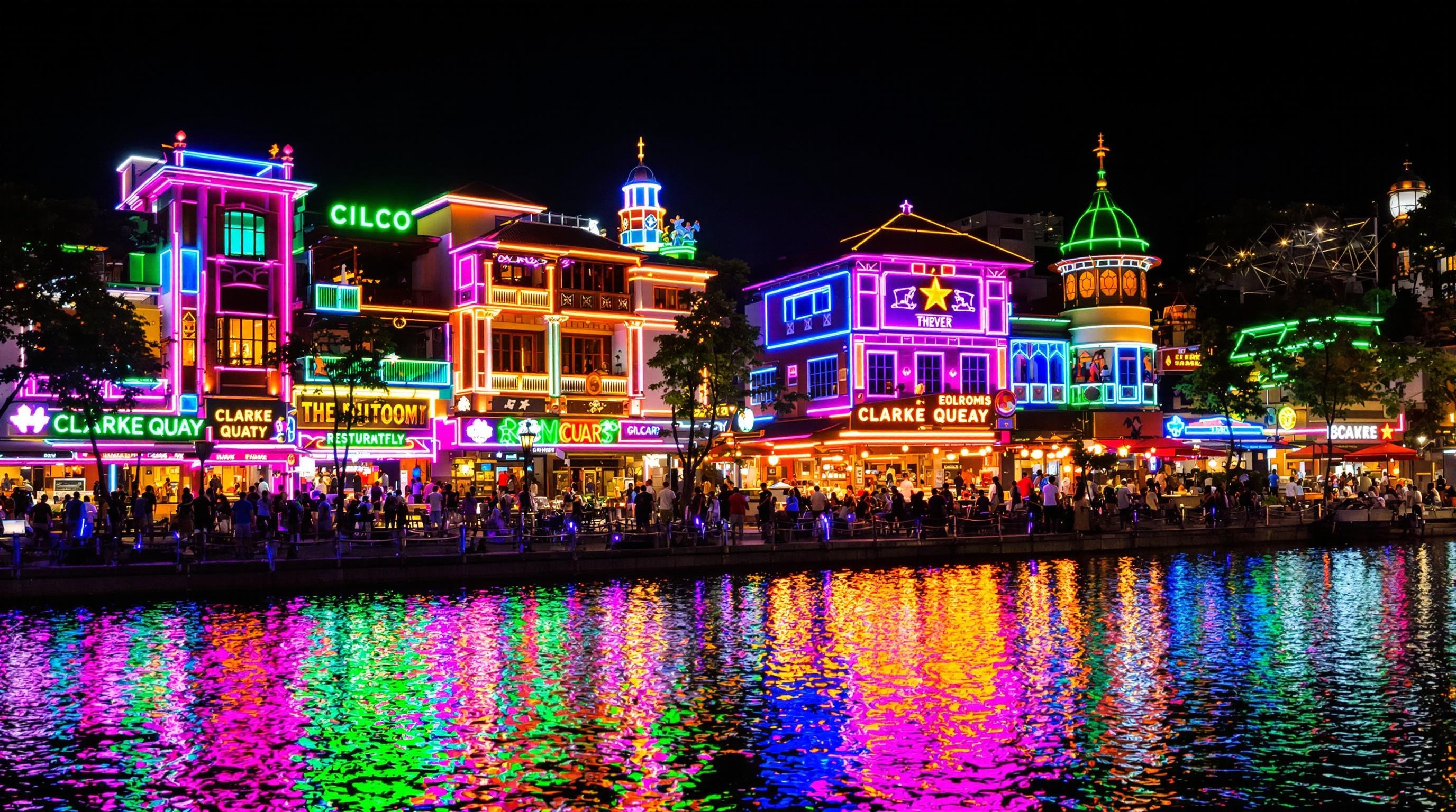 Clarke Quay de nuit avec ses néons et restaurants au bord de l'eau