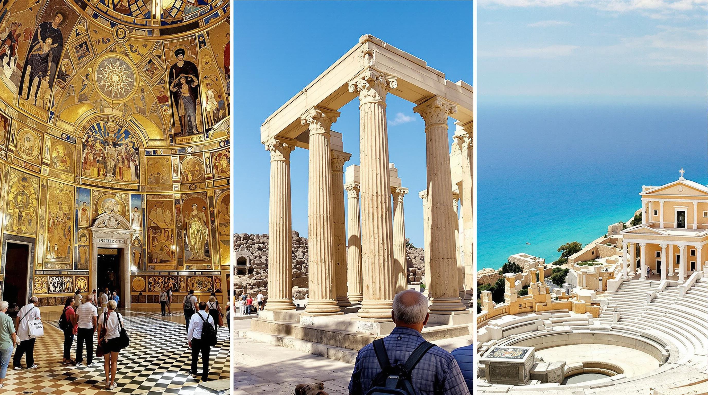 Collage mosaïques du Palatinat, temples d'Agrigente, théâtre grec Syracuse – ambiance seniors