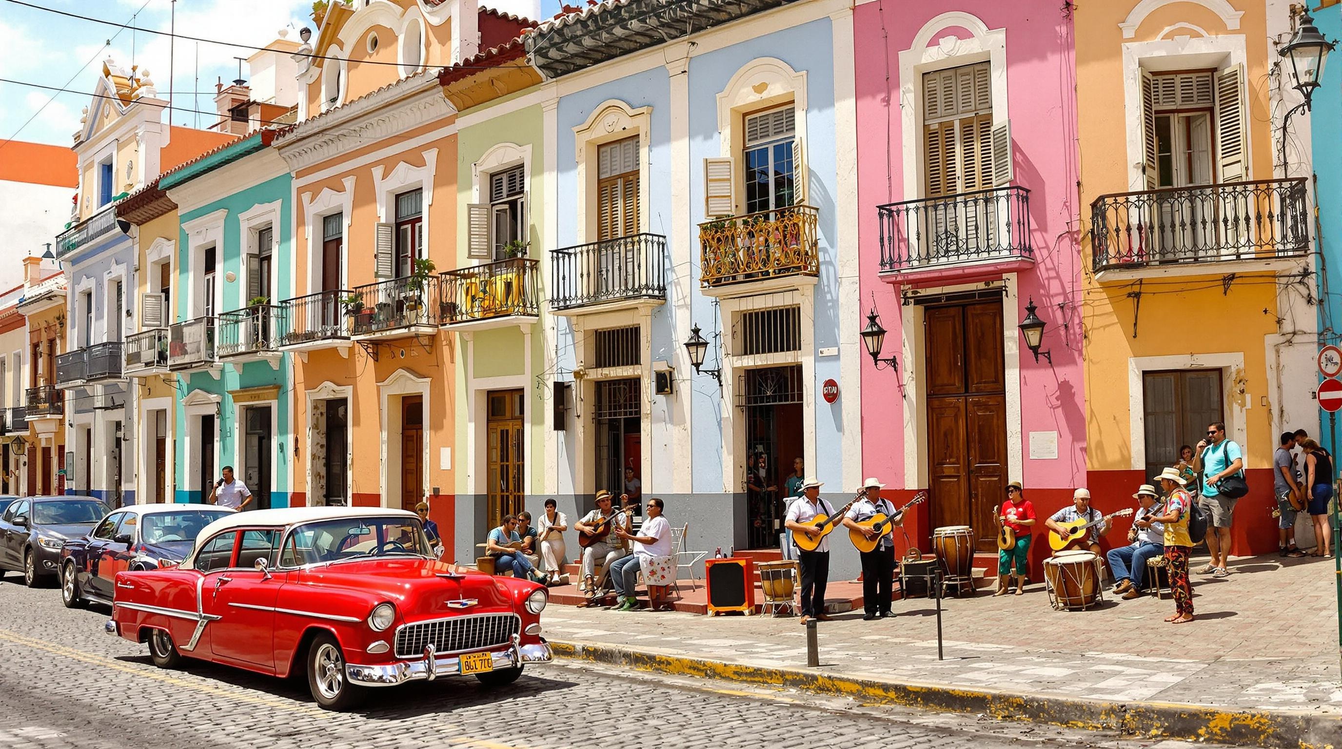 Rue coloniale colorée de Trinidad avec des voitures vintage et des musiciens