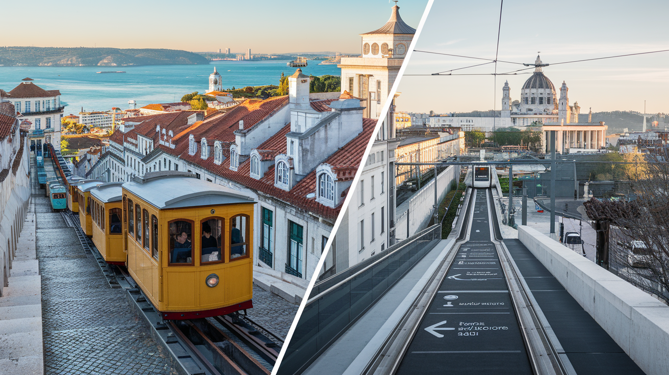 Funiculaires historiques de Lisbonne face au tramway moderne de Lyon avec miradouros et vue Fourvière.