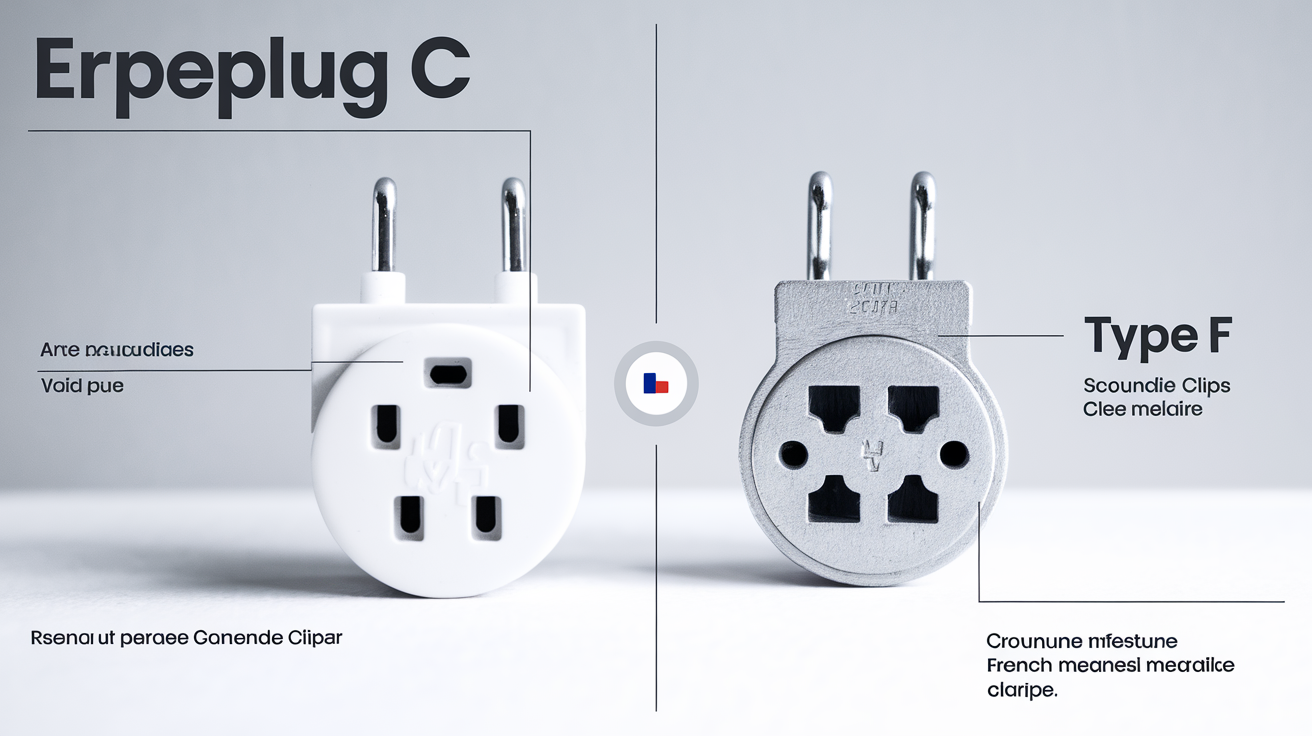 Comparatif visuel entre prise de Type C (Europlug) et prise de Type F (Schuko), légendé avec broches et clips de terre.