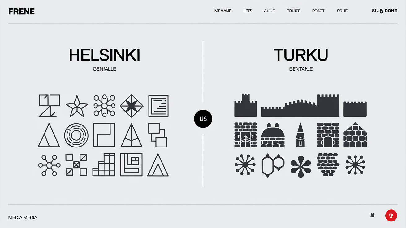 Tableau comparatif visuel entre Helsinki et Turku avec symboles du design moderne et scènes médiévales.