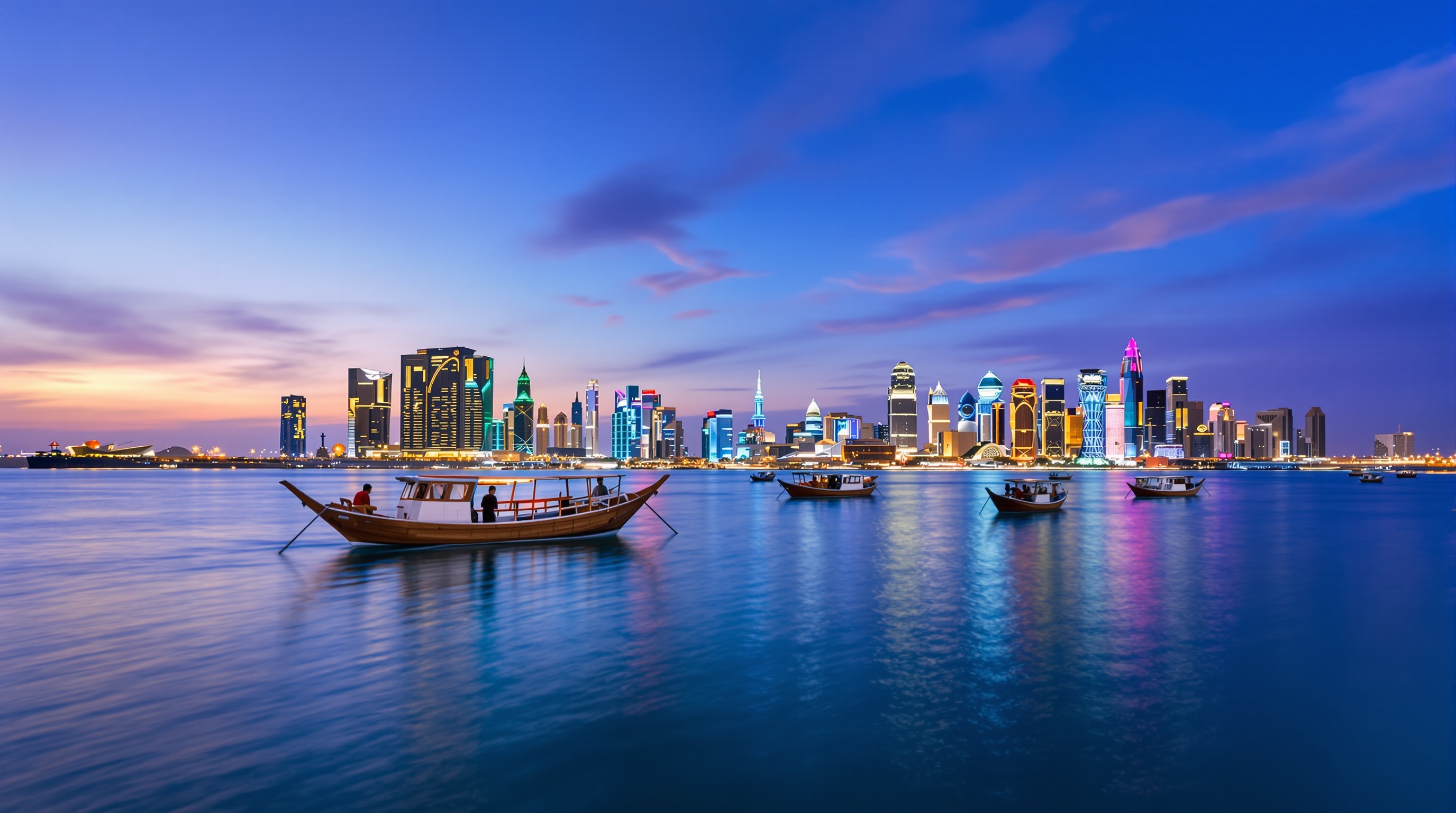 Corniche de Doha au crépuscule avec boutres traditionnels et skyline moderne