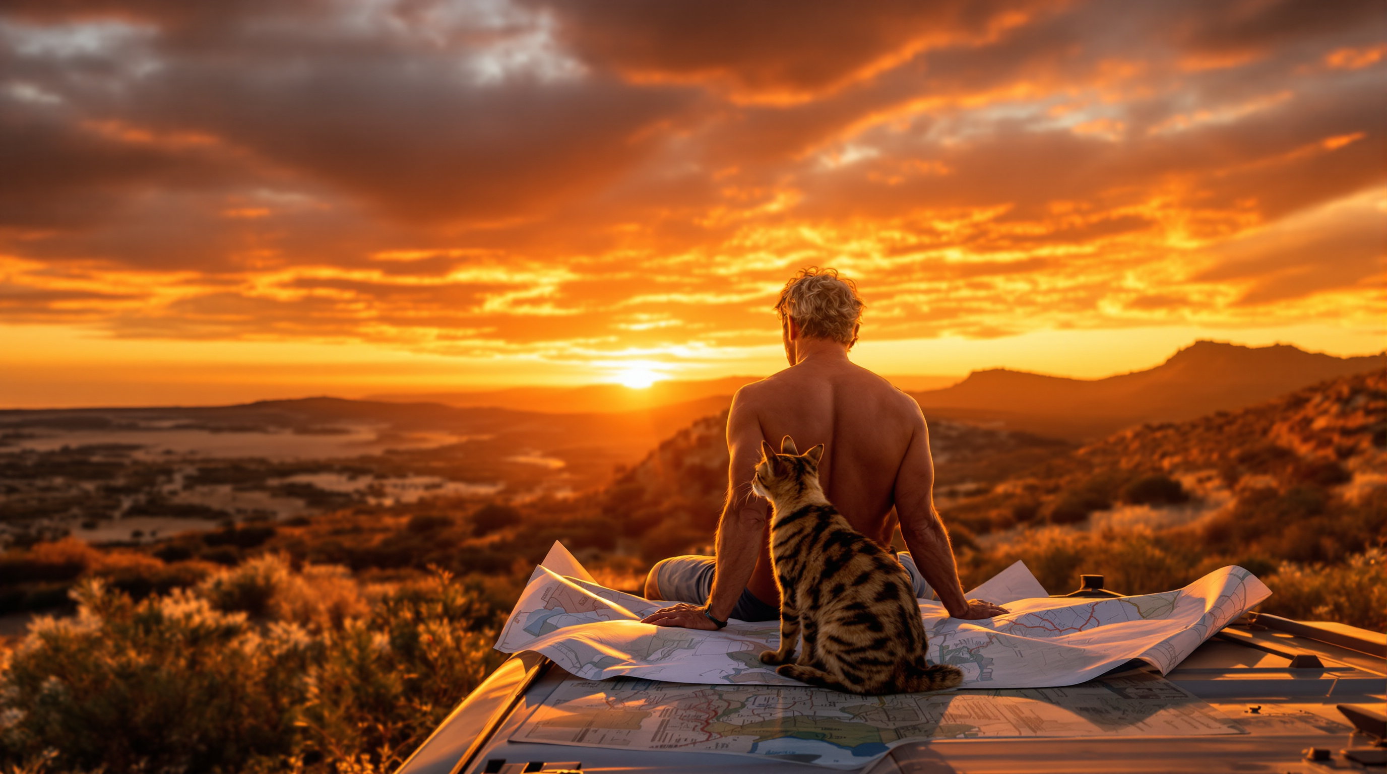 Baroudeur senior Victor Marleau et son chat Bengal Polux sur un capot de 4x4 devant un coucher de soleil sauvage en Sardaigne.