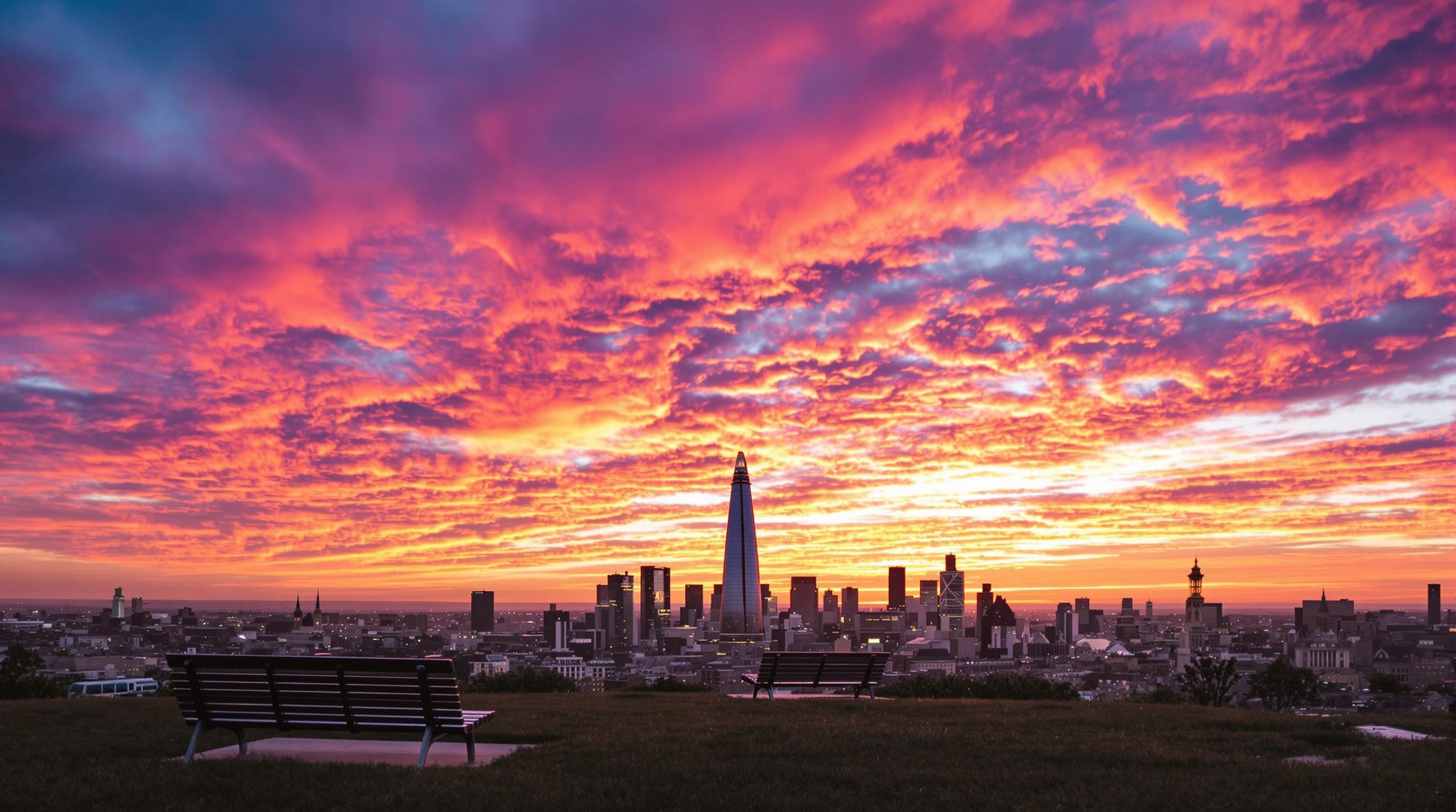 Coucher de soleil vu depuis Primrose Hill sur la skyline de Londres.