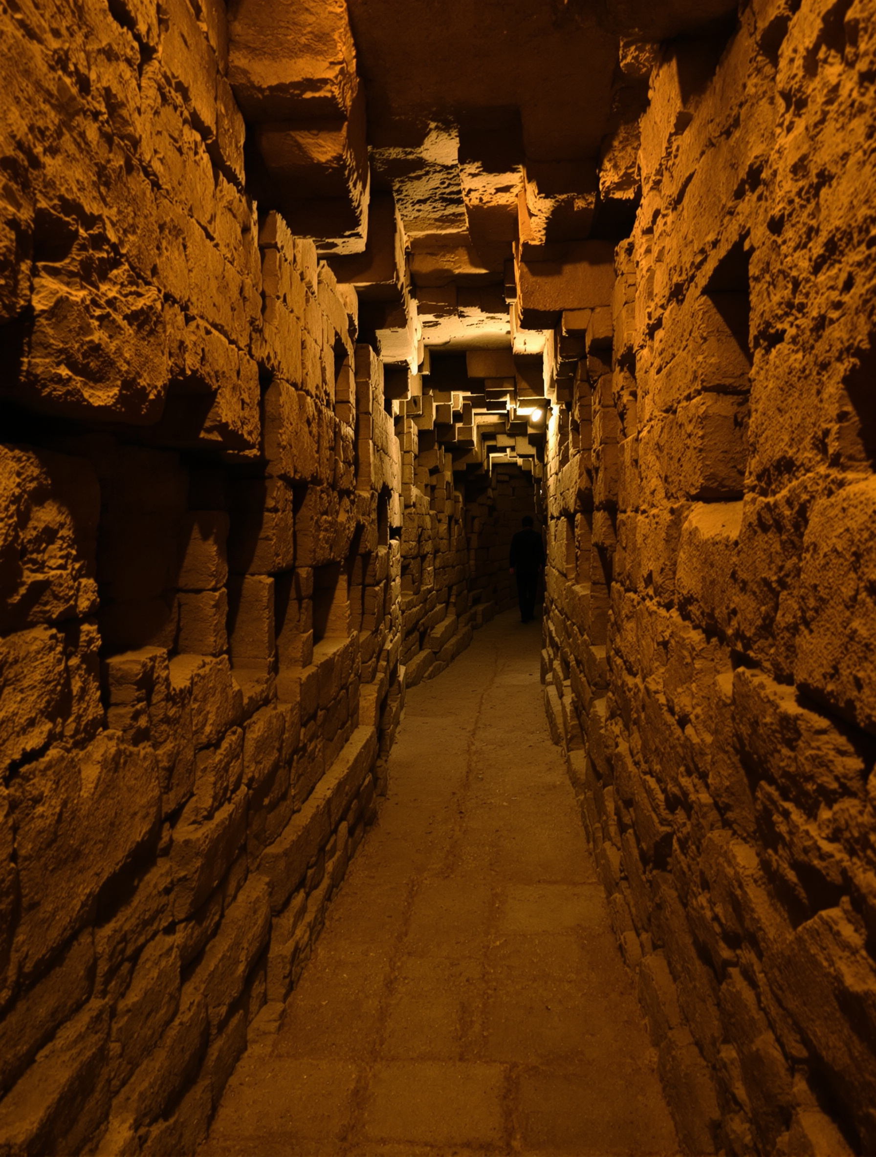 Couloir bas et étroit de la cité souterraine de Kaymakli illustrant l'atmosphère enchevêtrée.