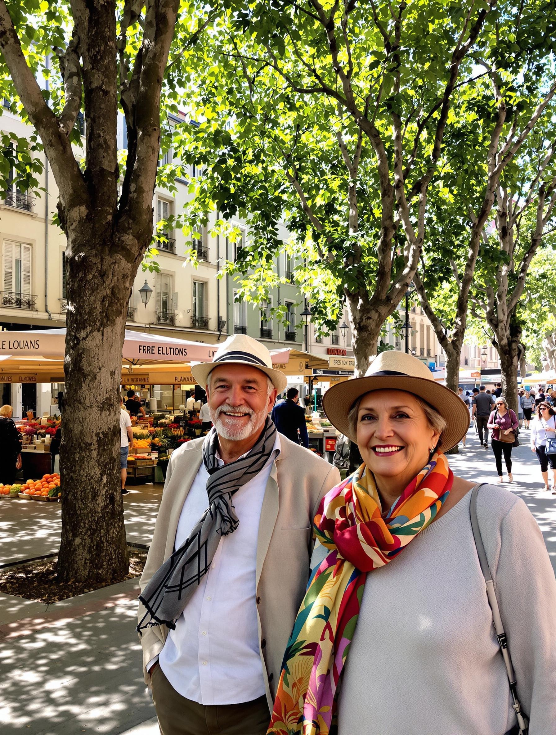 Couple de voyageurs seniors flânant sous les platanes du Boulevard de la Croix-Rousse un matin de marché
