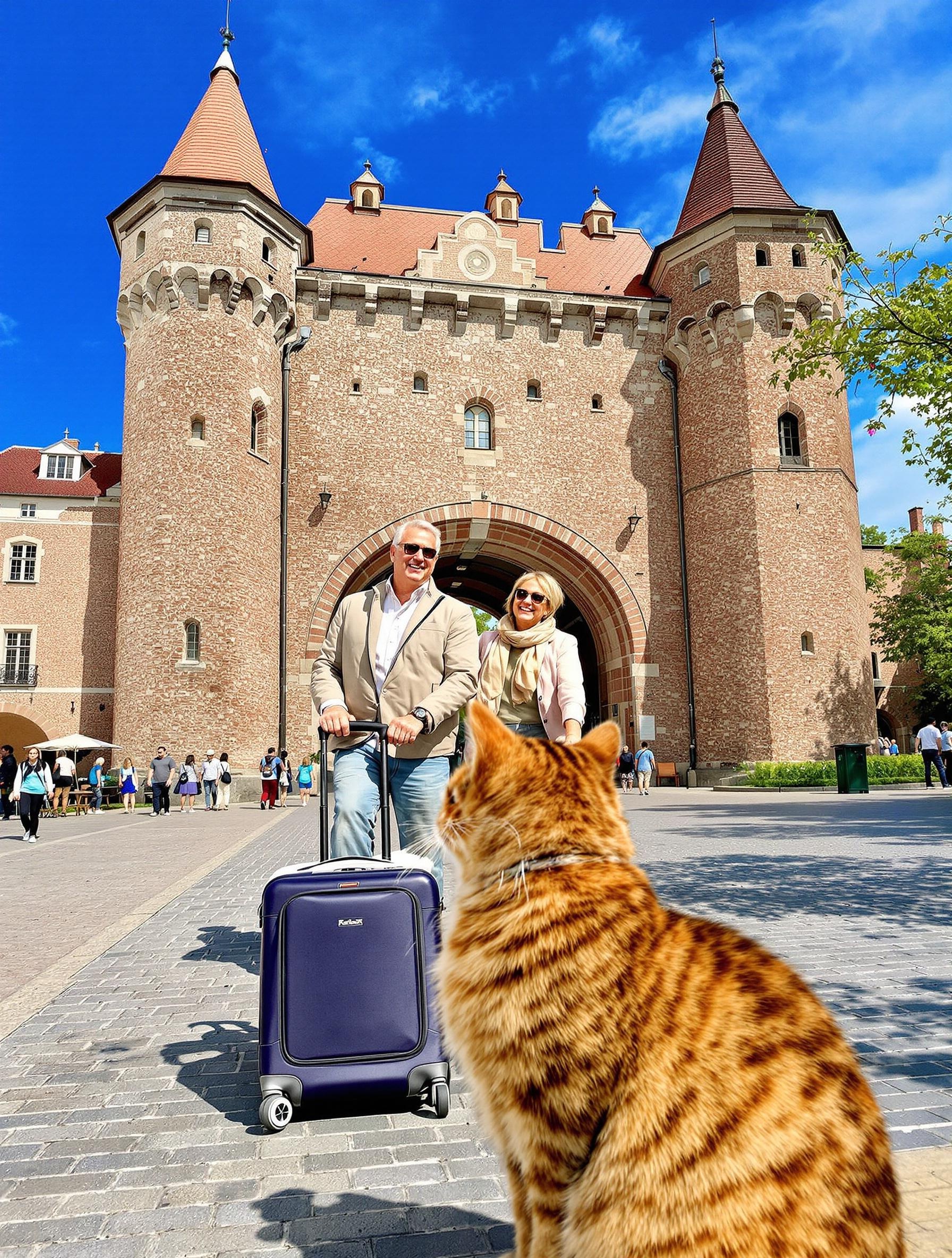 Couple senior devant la Porte Saint-Florian à Cracovie
