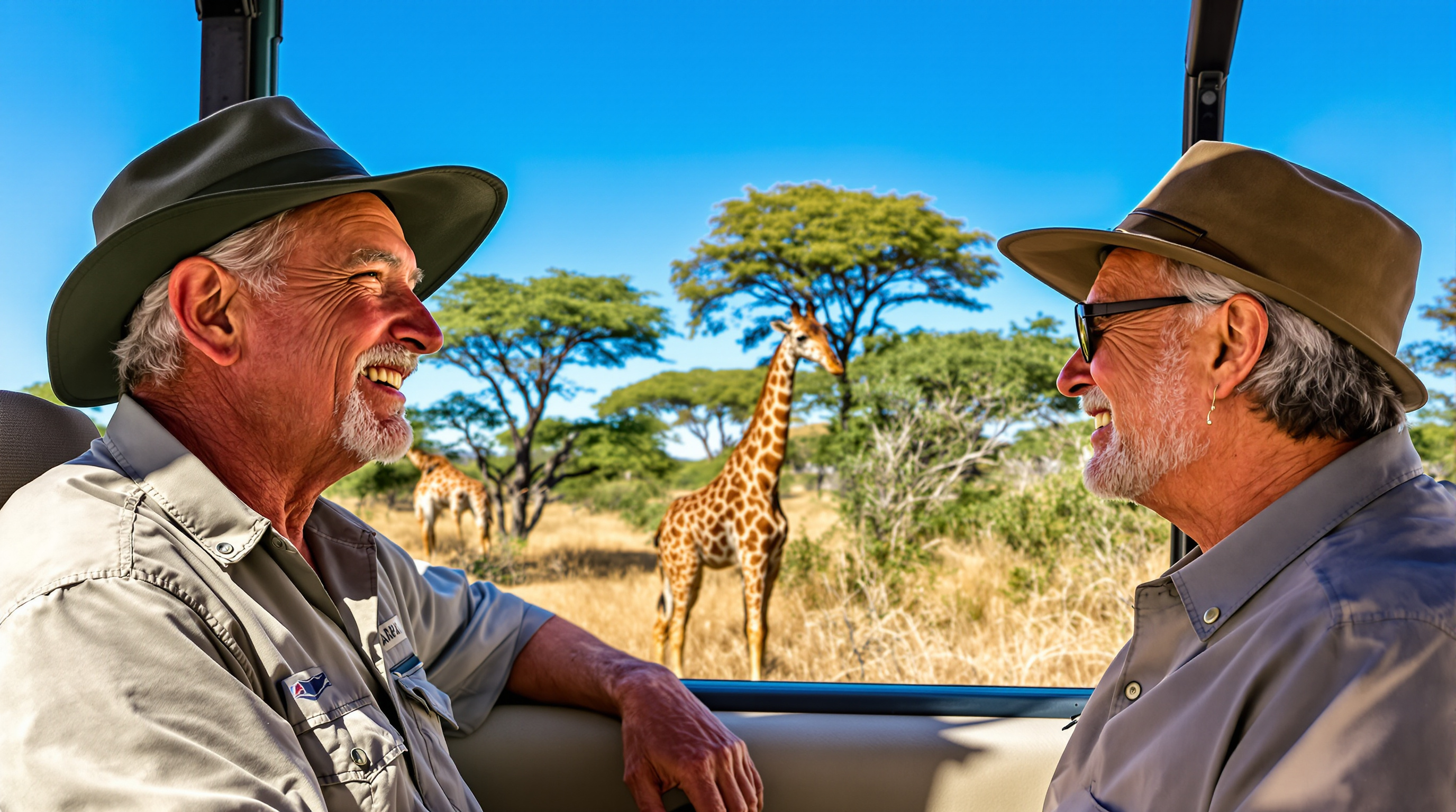 Un couple de seniors souriants dans un véhicule 4x4 d'observation, regardant une girafe dans la Réserve de Bandia.