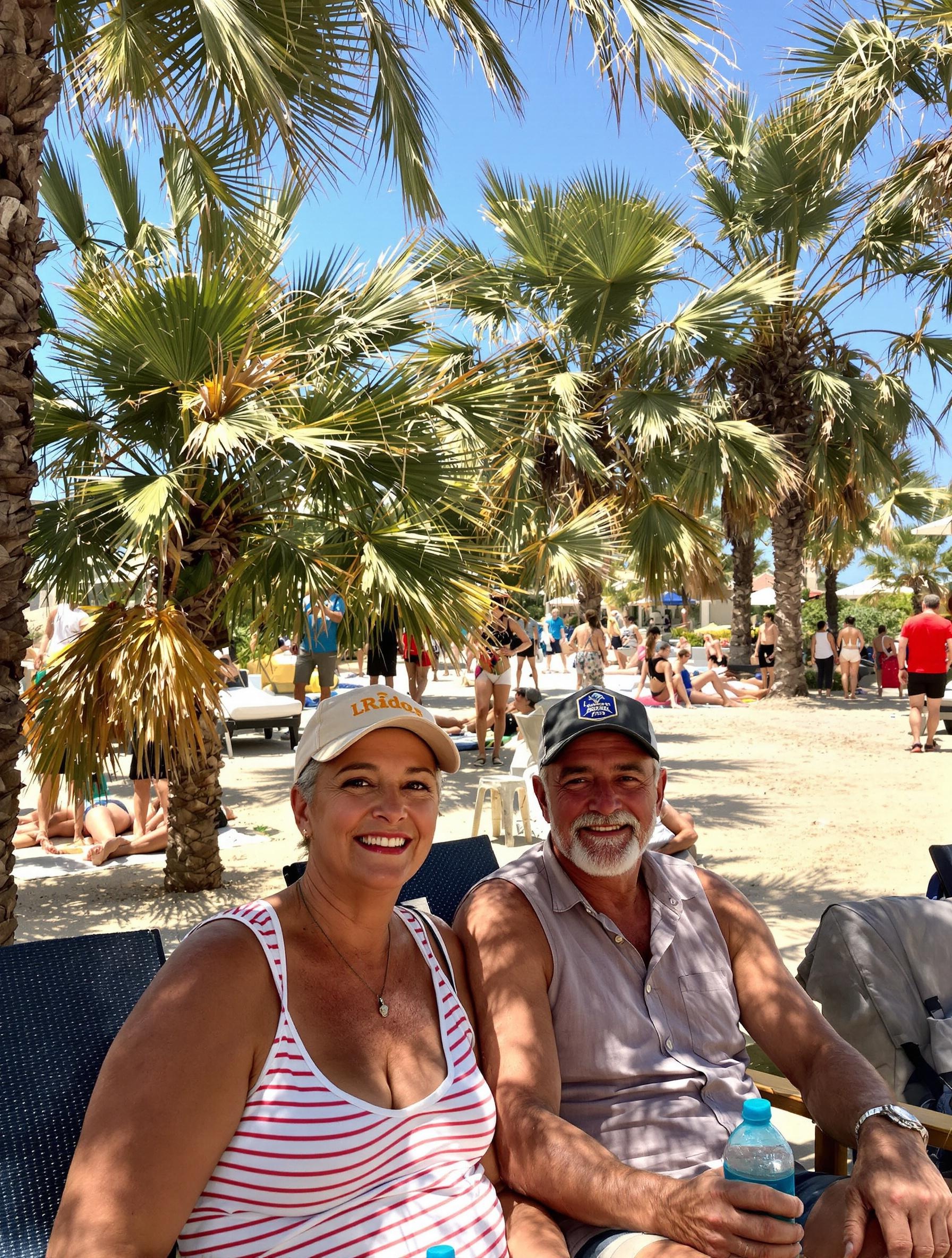 couple senior à l’ombre, bouteille d’eau, palmiers Ialysos
