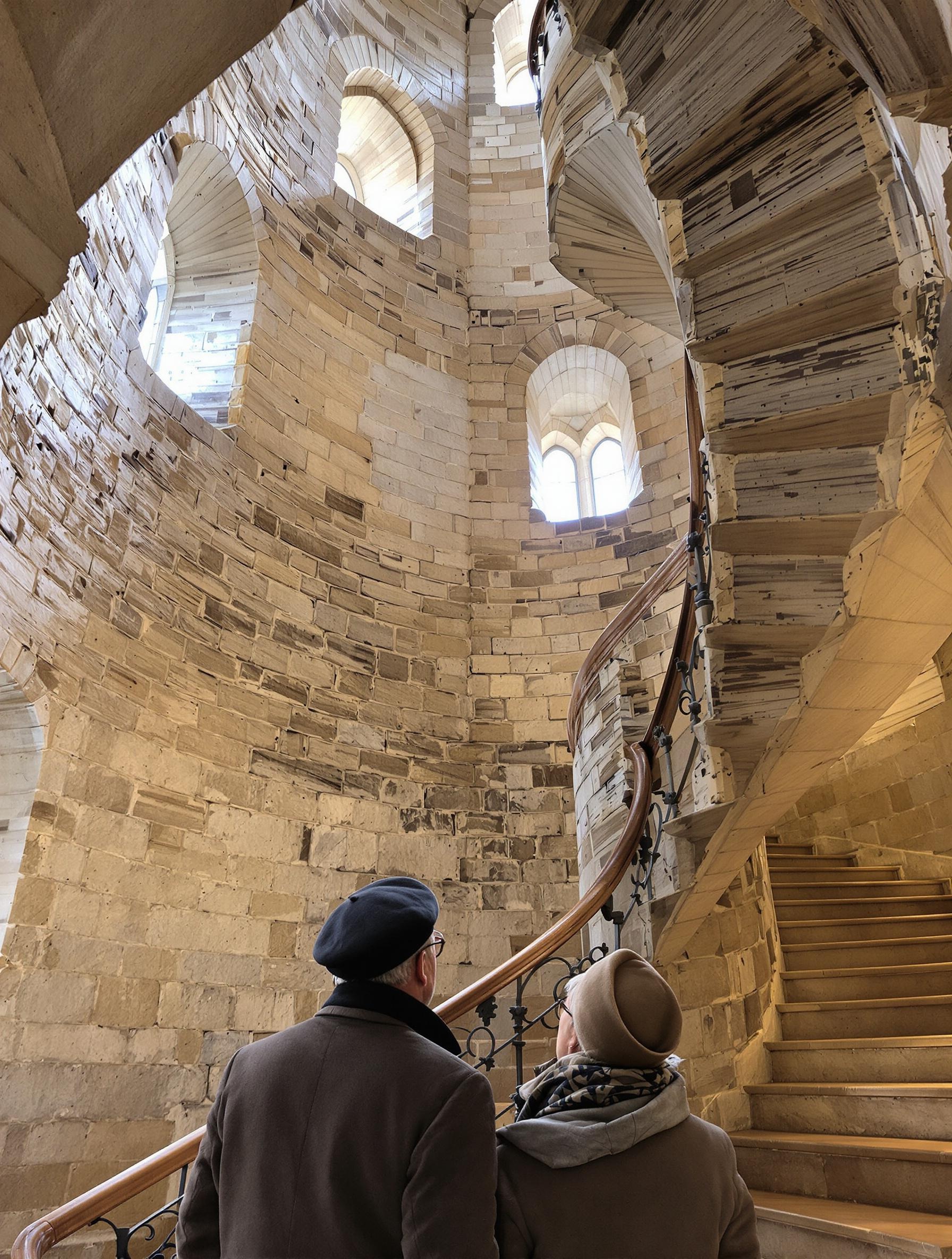Tour de Constance à Aigues-Mortes, seniors explorant l'architecture et les escaliers