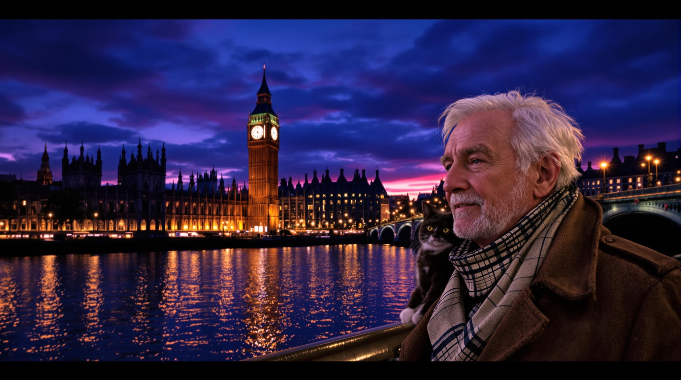 Vue crépusculaire sur Big Ben, marcheur senior et chat perché sur l’épaule, reflet dans la Tamise.