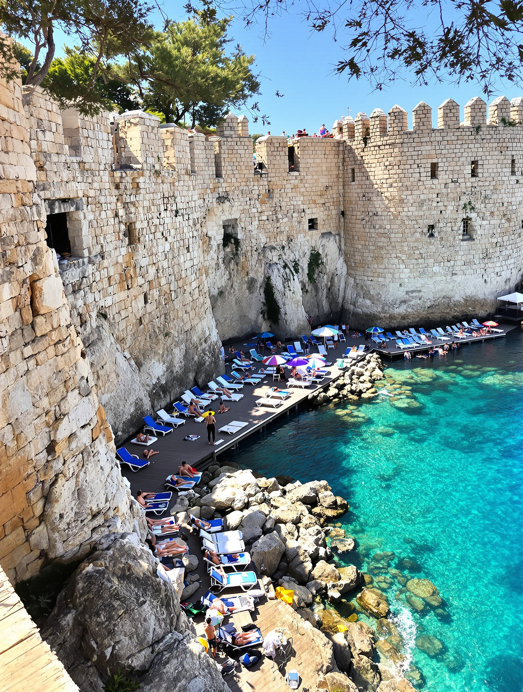 Petite crique de Mermerli au pied des remparts historiques de Kaleiçi à Antalya, transats alignés sur une plateforme en bois au-dessus de l’eau turquoise.